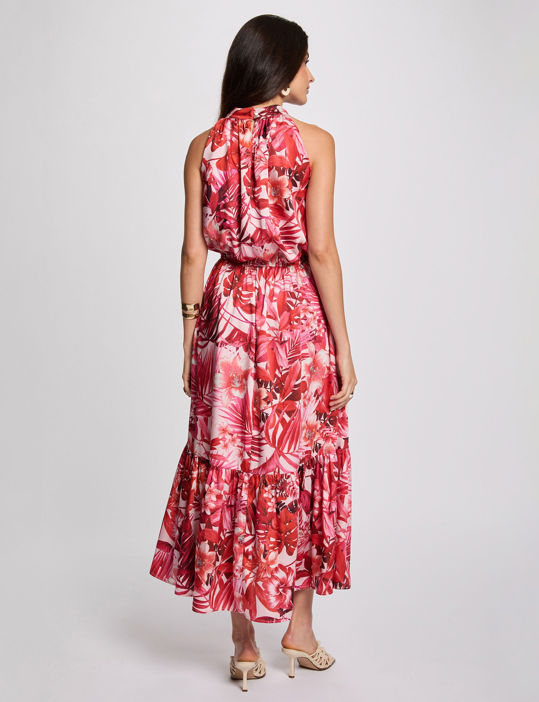 Robe satin&eacute;e col montant multicolore femme