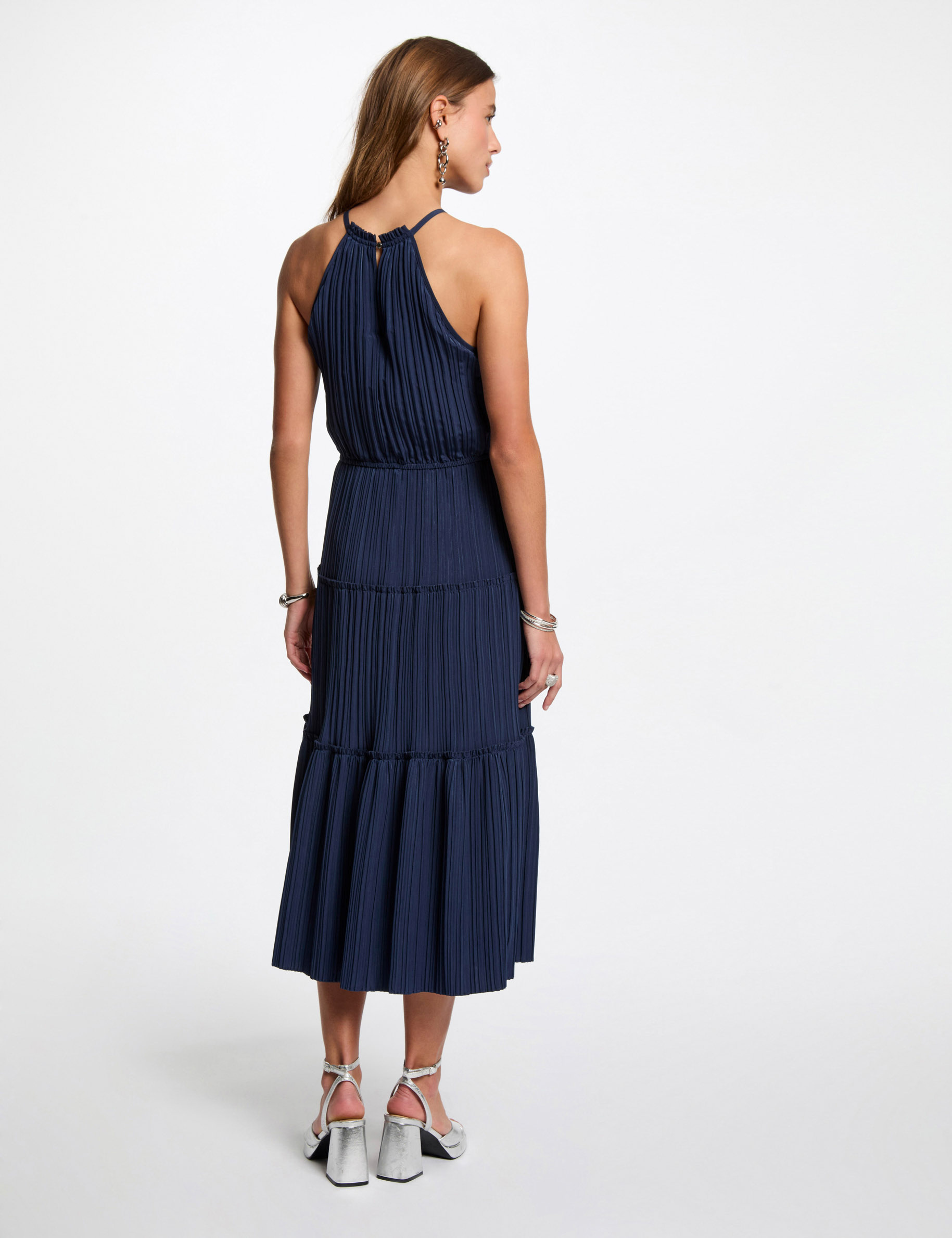 rechte midi jurk met satijnen effect bleu petrole vrouw Rechte midi-jurk met satijnen effect bleu pétrole vrouw