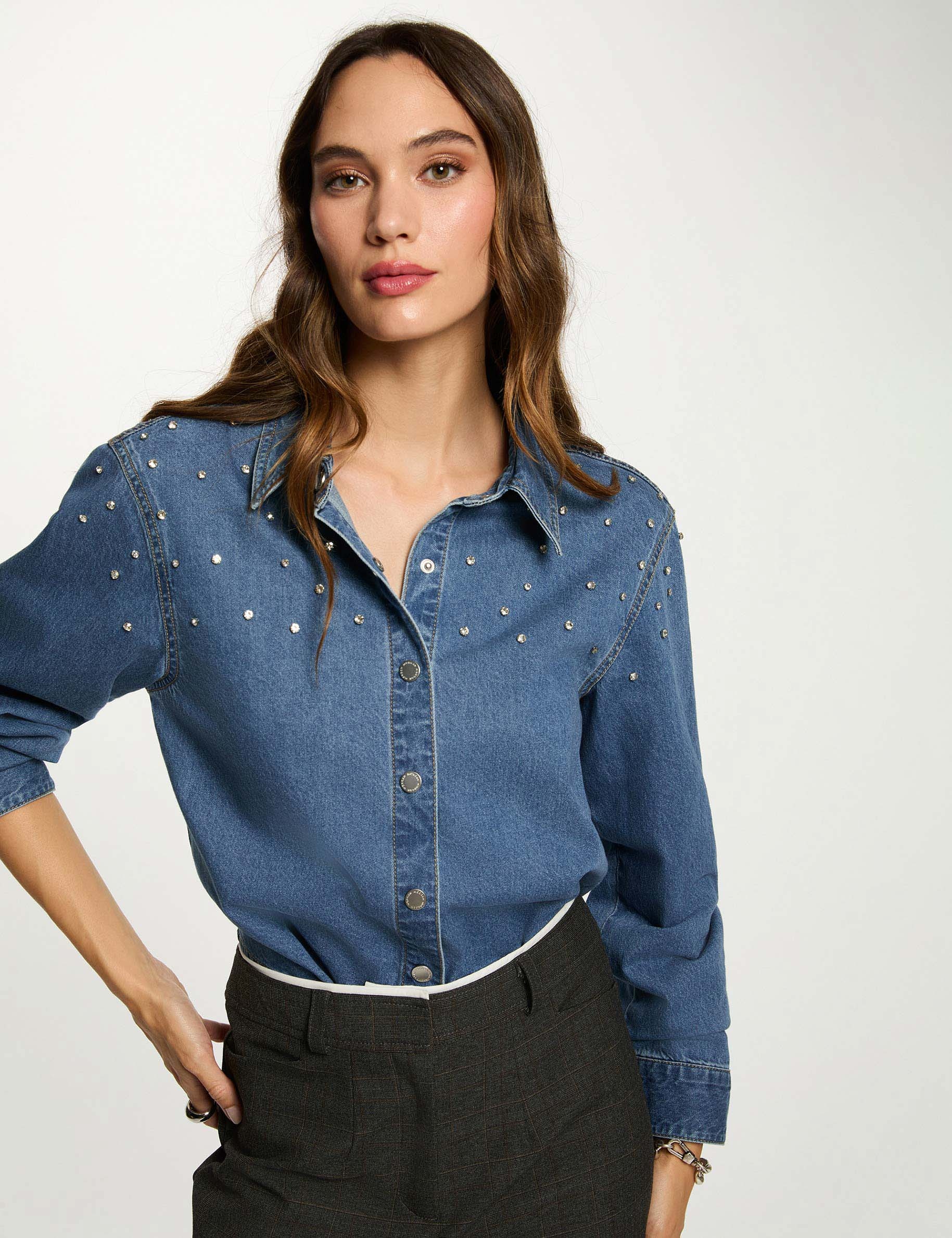 korte blouse met steentjes stone washed denim vrouw Korte blouse met steentjes stone washed denim vrouw