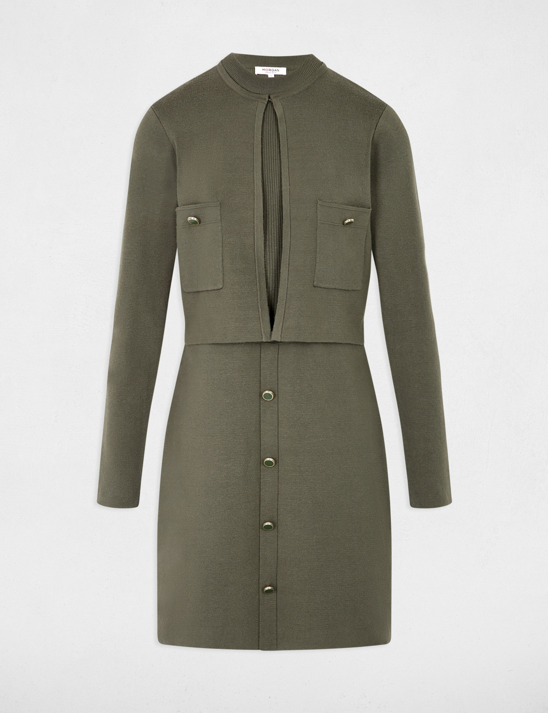 Robe tricot effet 2-en-1 vert kaki femme