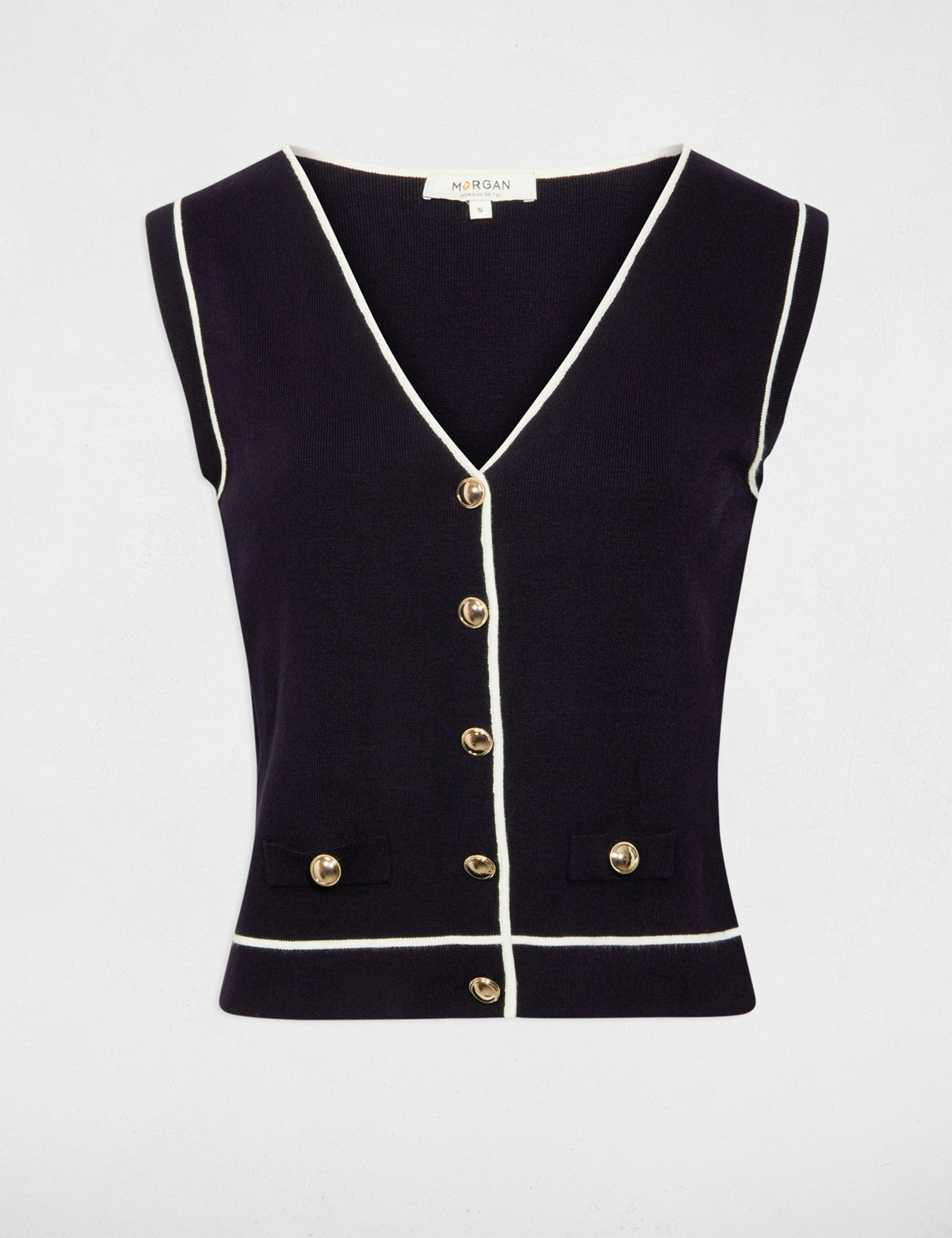 Pull sans manches col v bleu marine femme