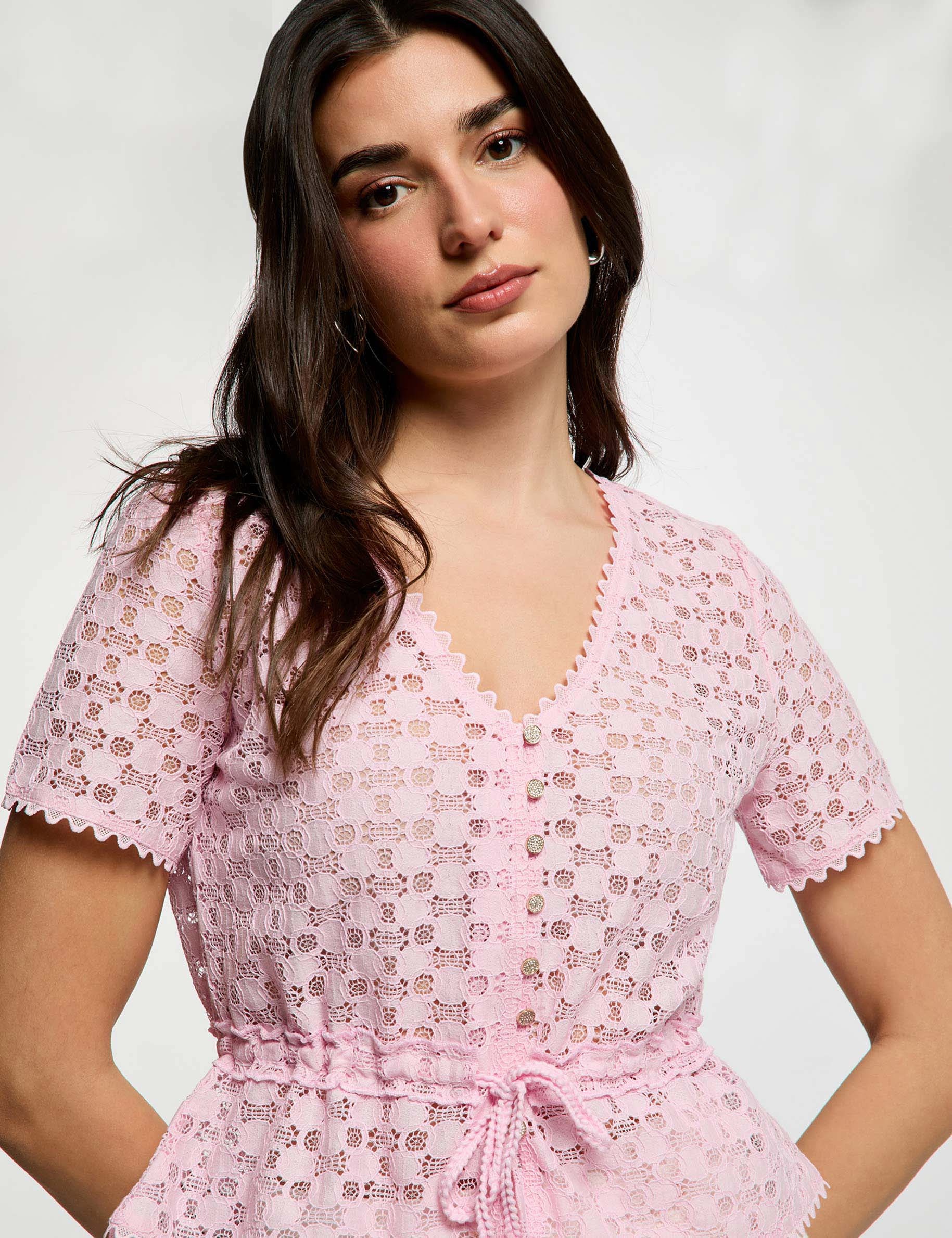 T-shirt korte mouwen van kant roze vrouw