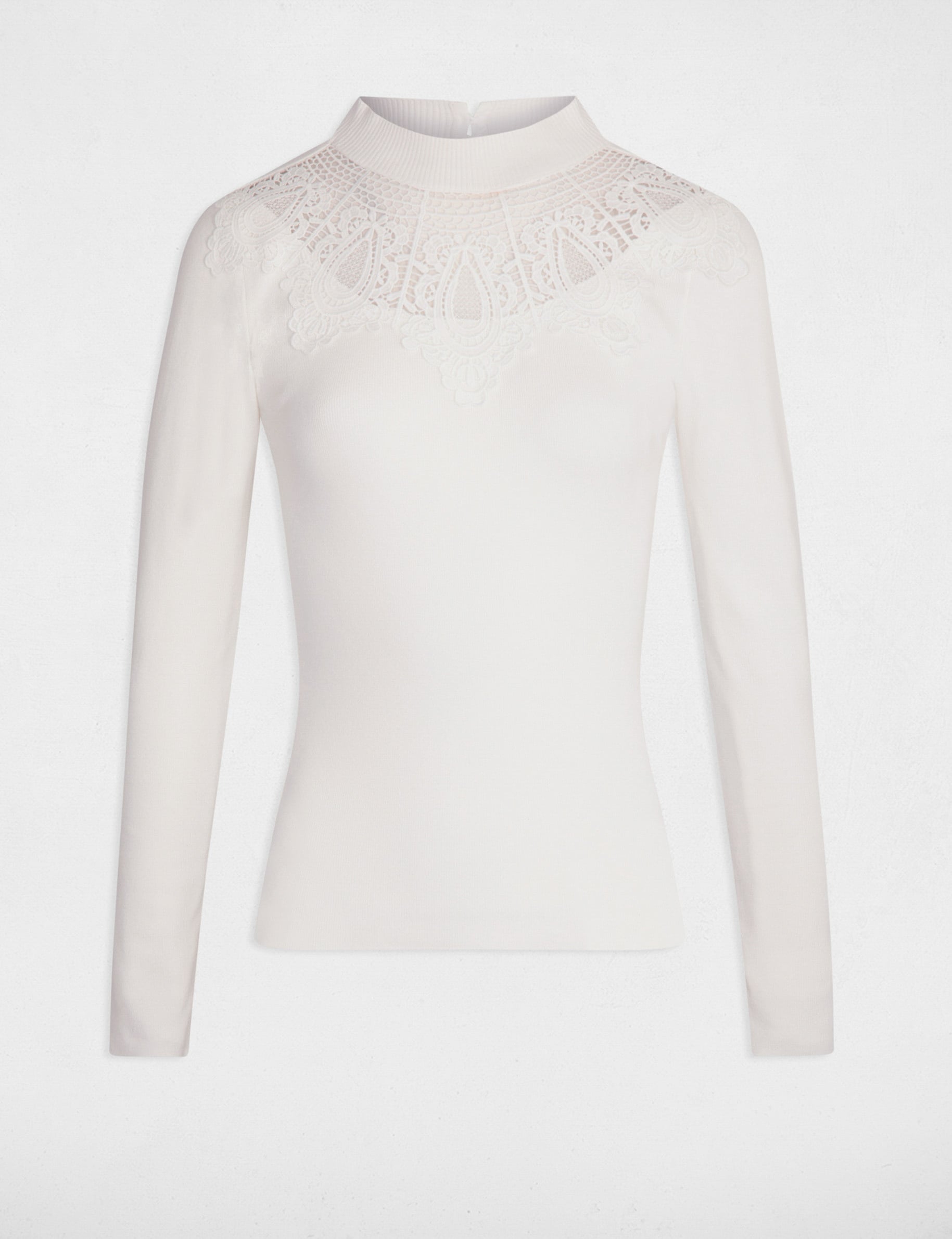 Pull col montant &agrave; dentelle ecru femme