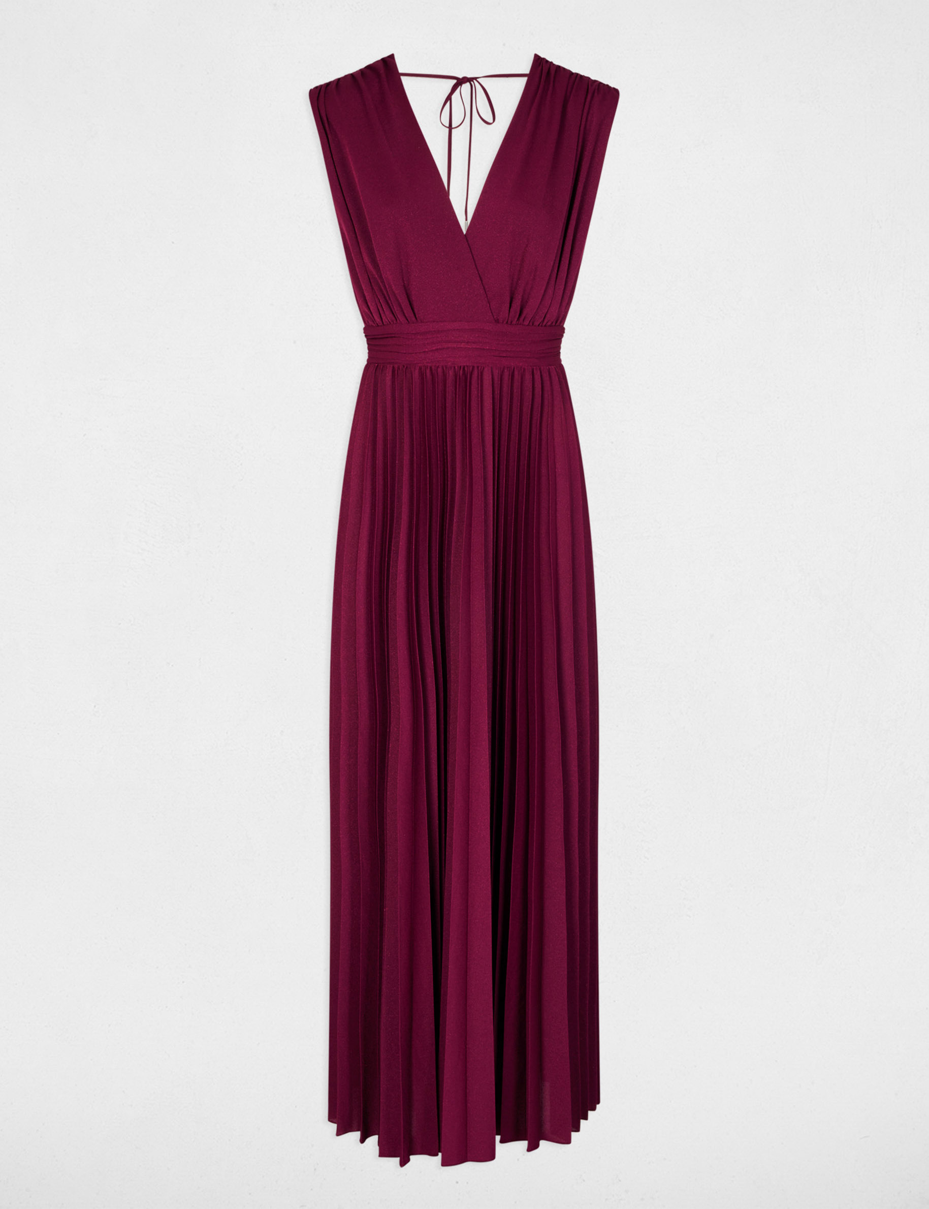 Robe longue droite pliss&eacute;e prune femme