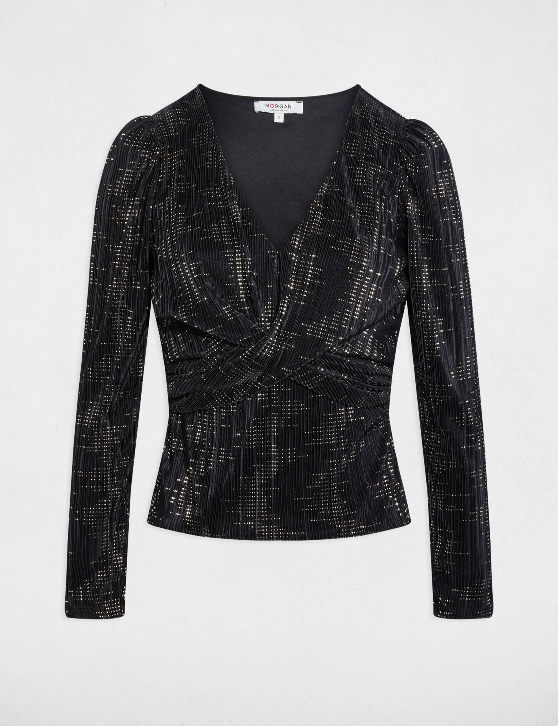 T-shirt plissé col v noir femme