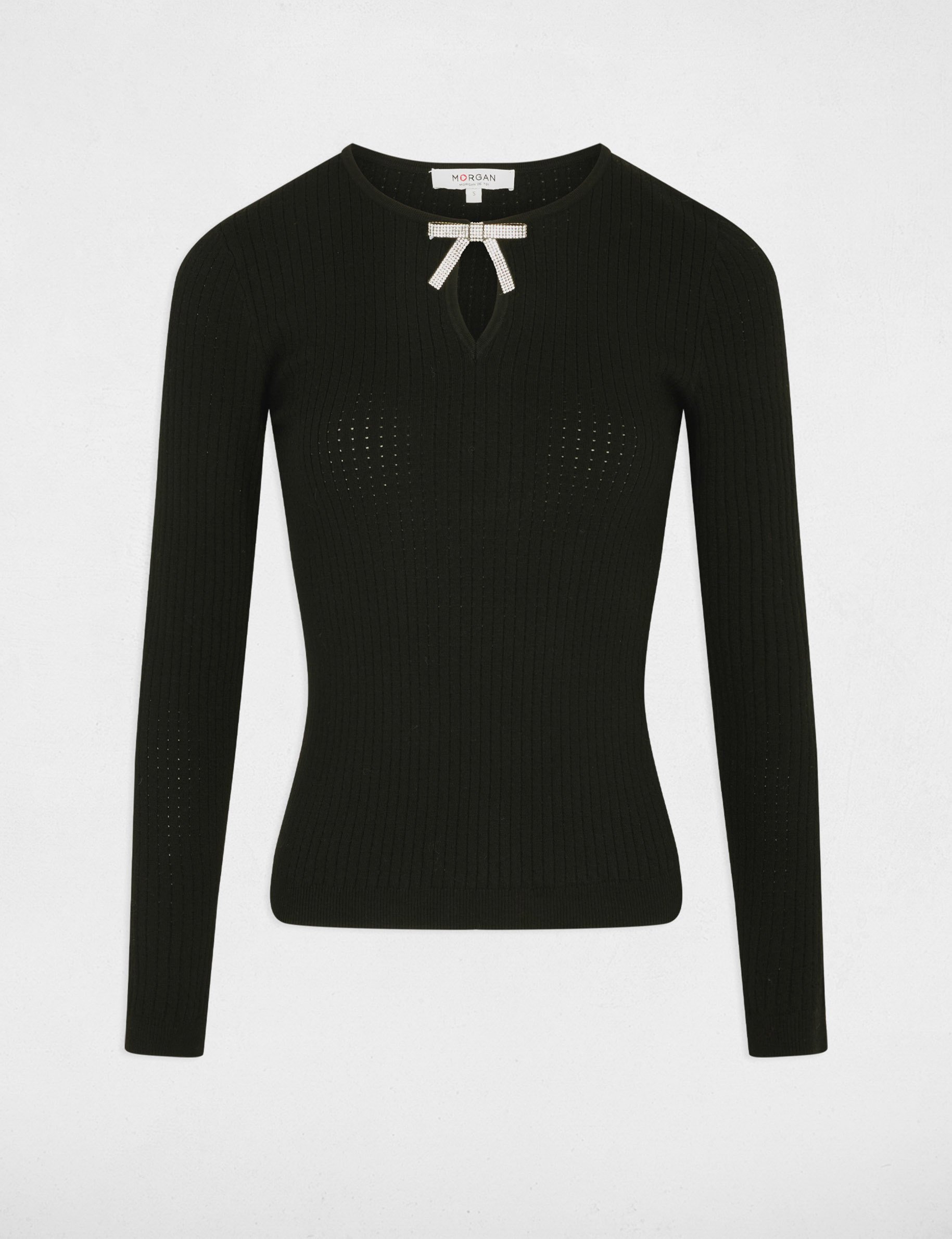Pull col rond strass noir femme