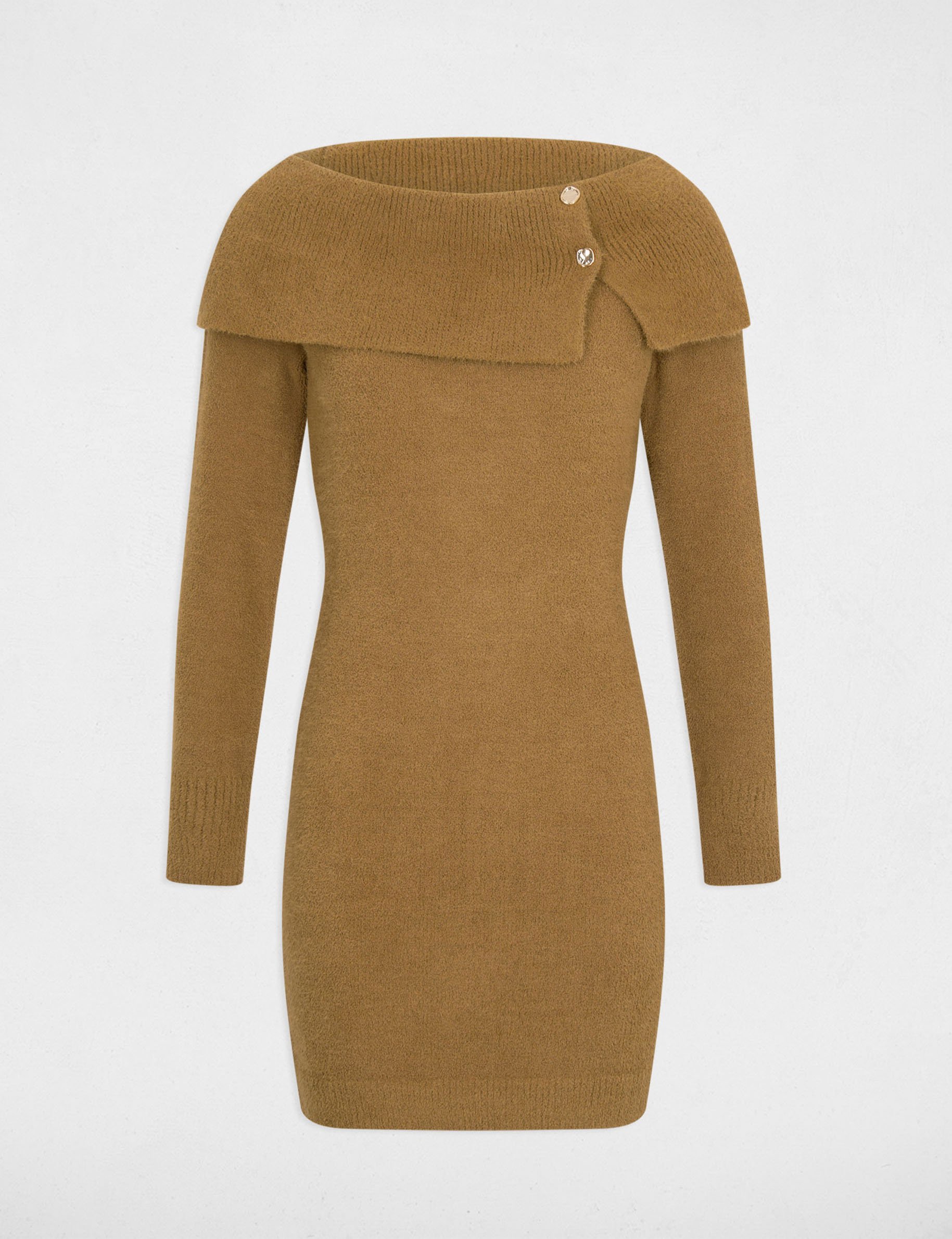 Robe tricot col bardot camel femme