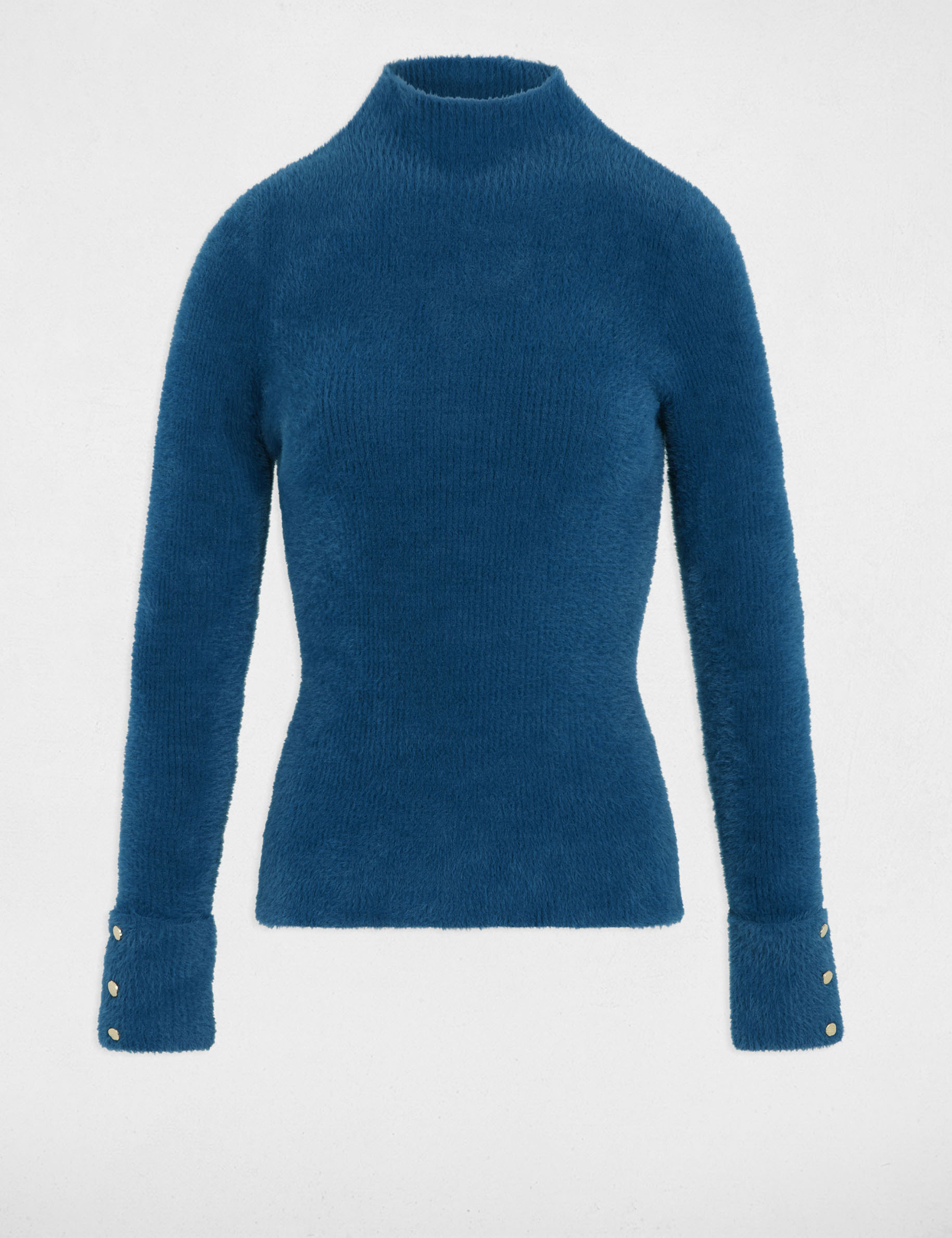 lang gebreide trui met pluizige stof bleu petrole vrouw Lang gebreide trui met pluizige stof bleu pétrole vrouw