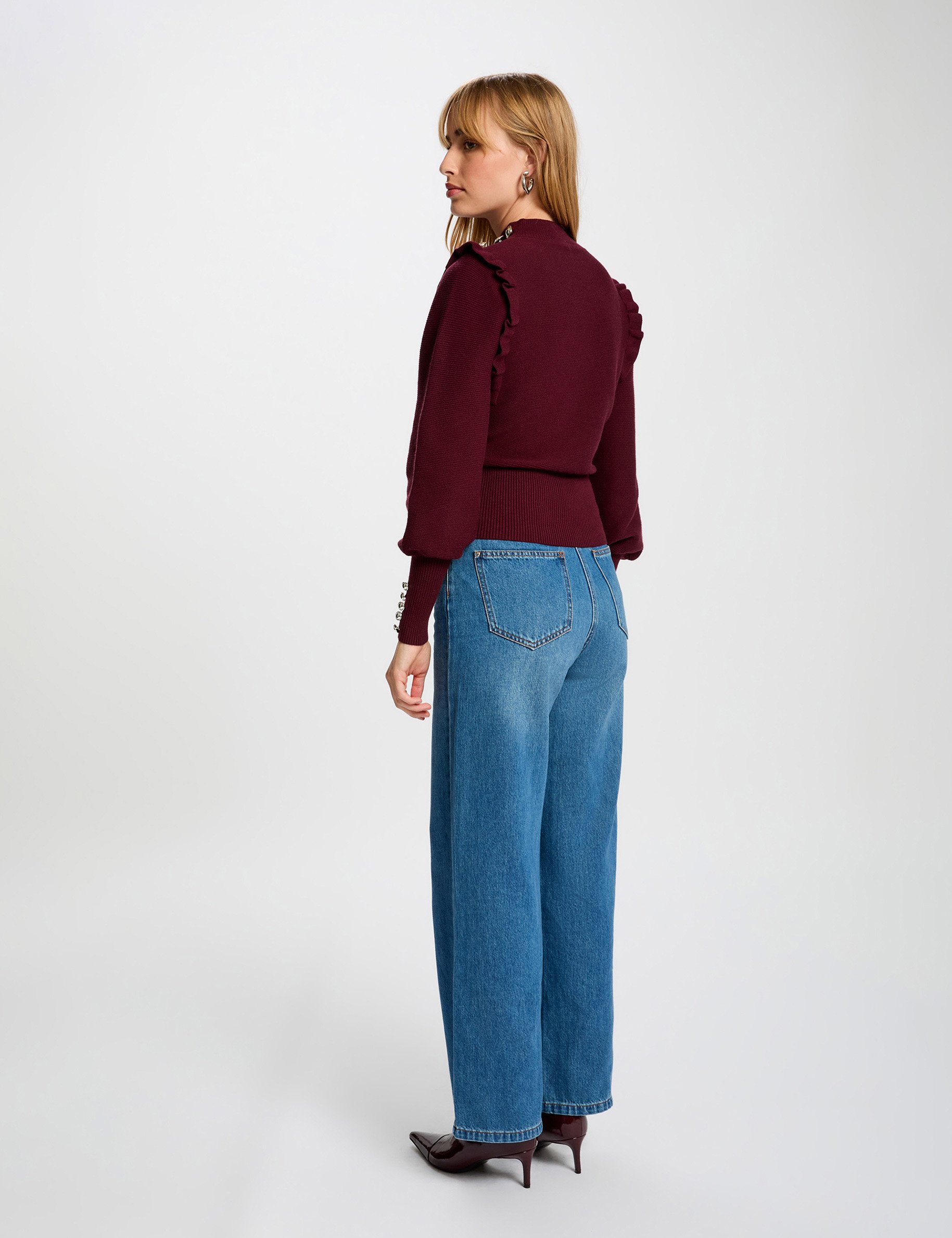 pull manches longues avec volants prune femme Pull manches longues avec volants prune femme