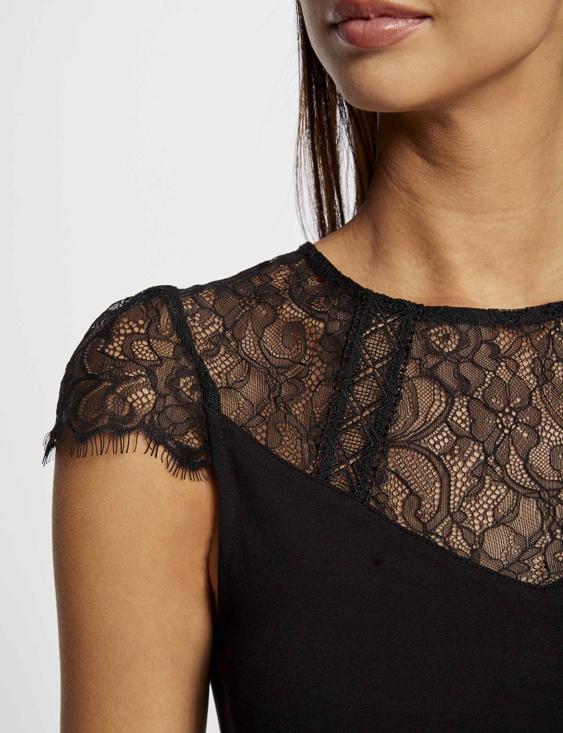 T-shirt manches courtes &agrave; dentelle noir femme
