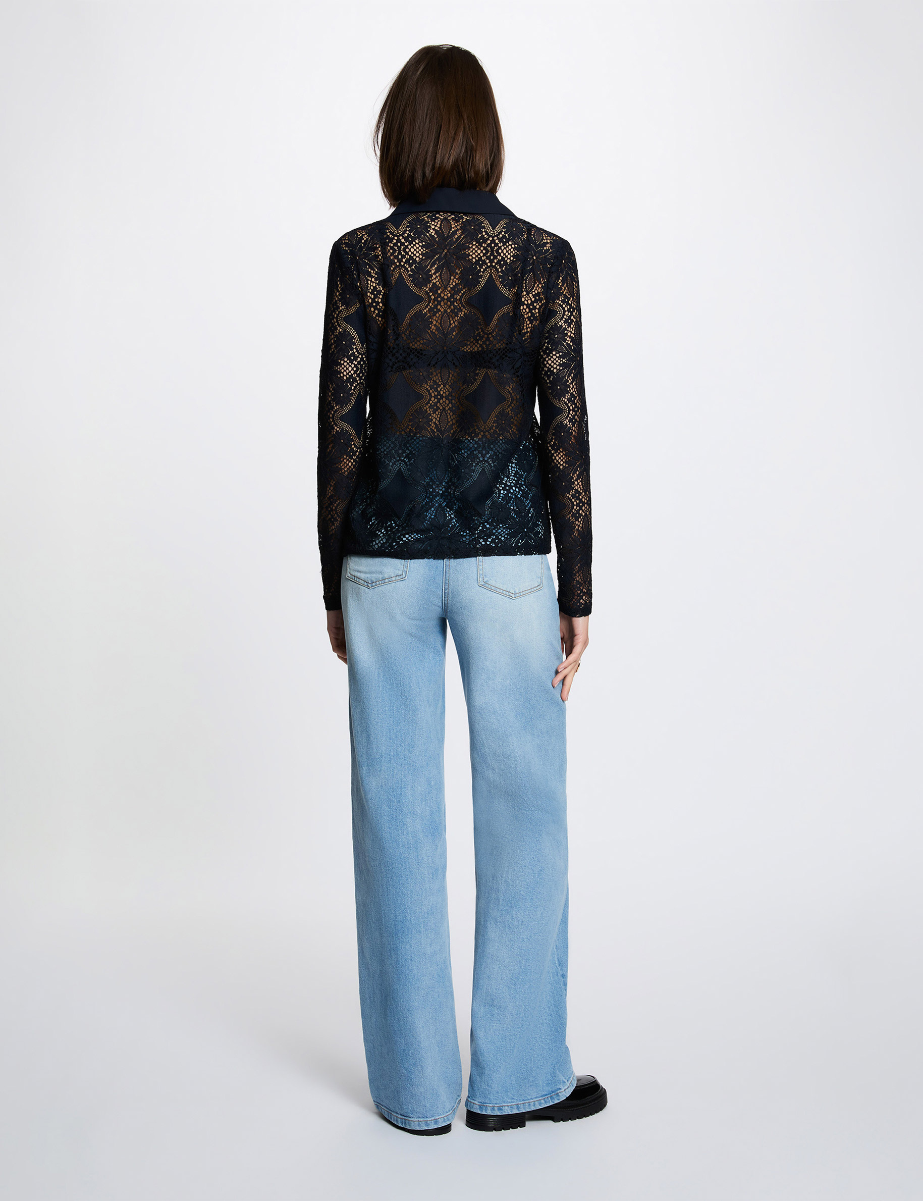 Kant blouse met reverskraag marineblauw vrouw