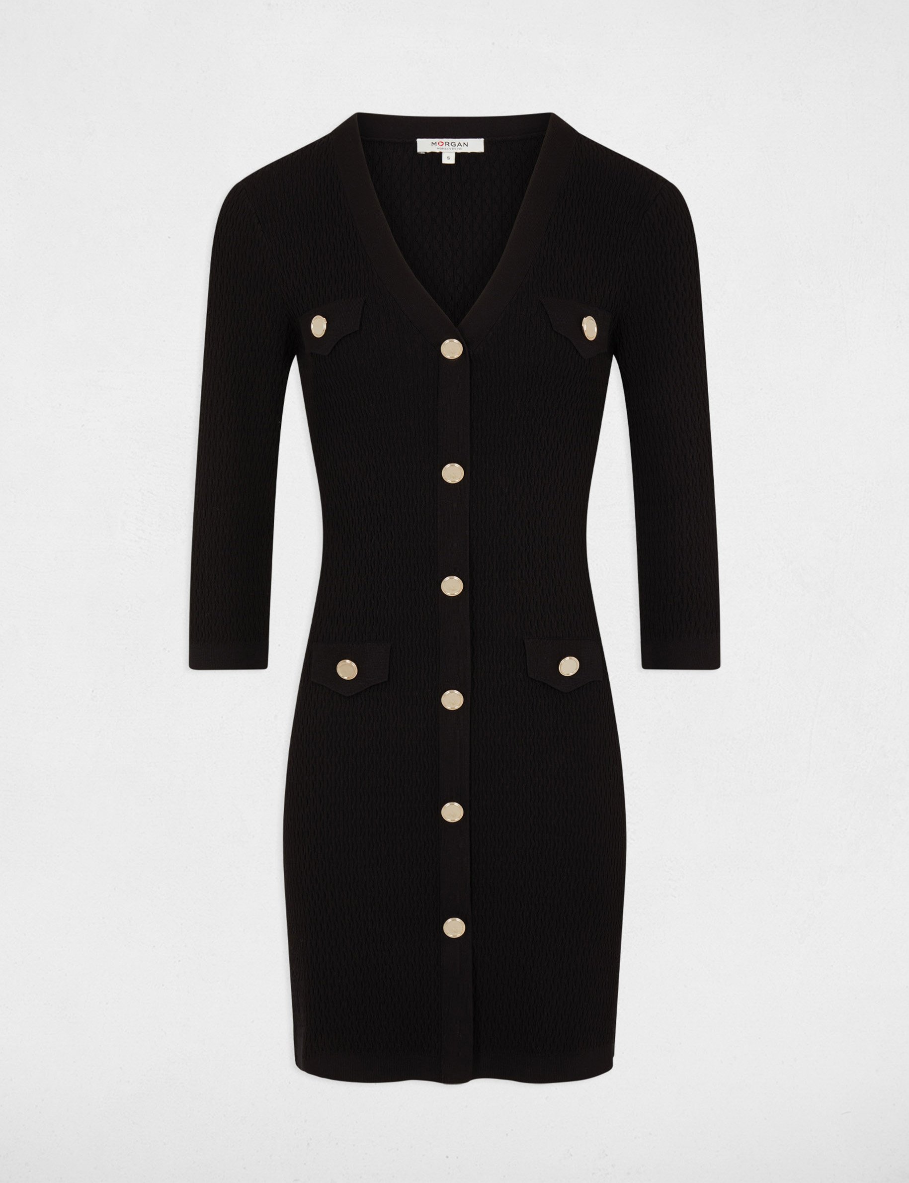 Trui-jurk met 3/4 mouwen en knopen zwart vrouw