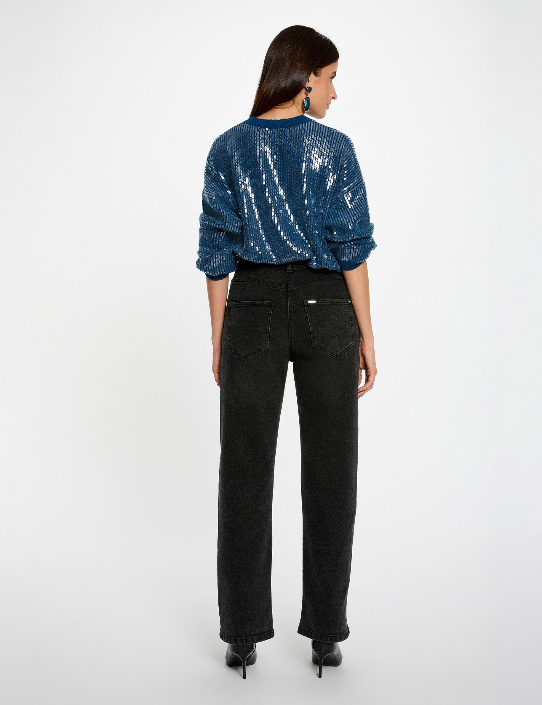 Pull sequins col rond bleu pétrole femme