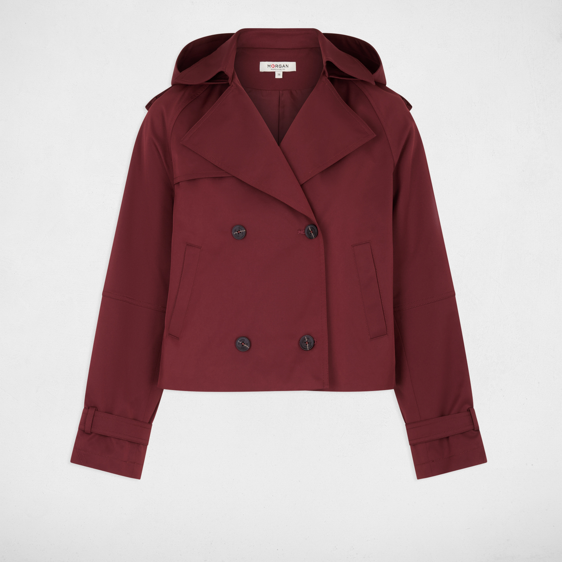 Korte trench met capuchon bordeaux vrouw