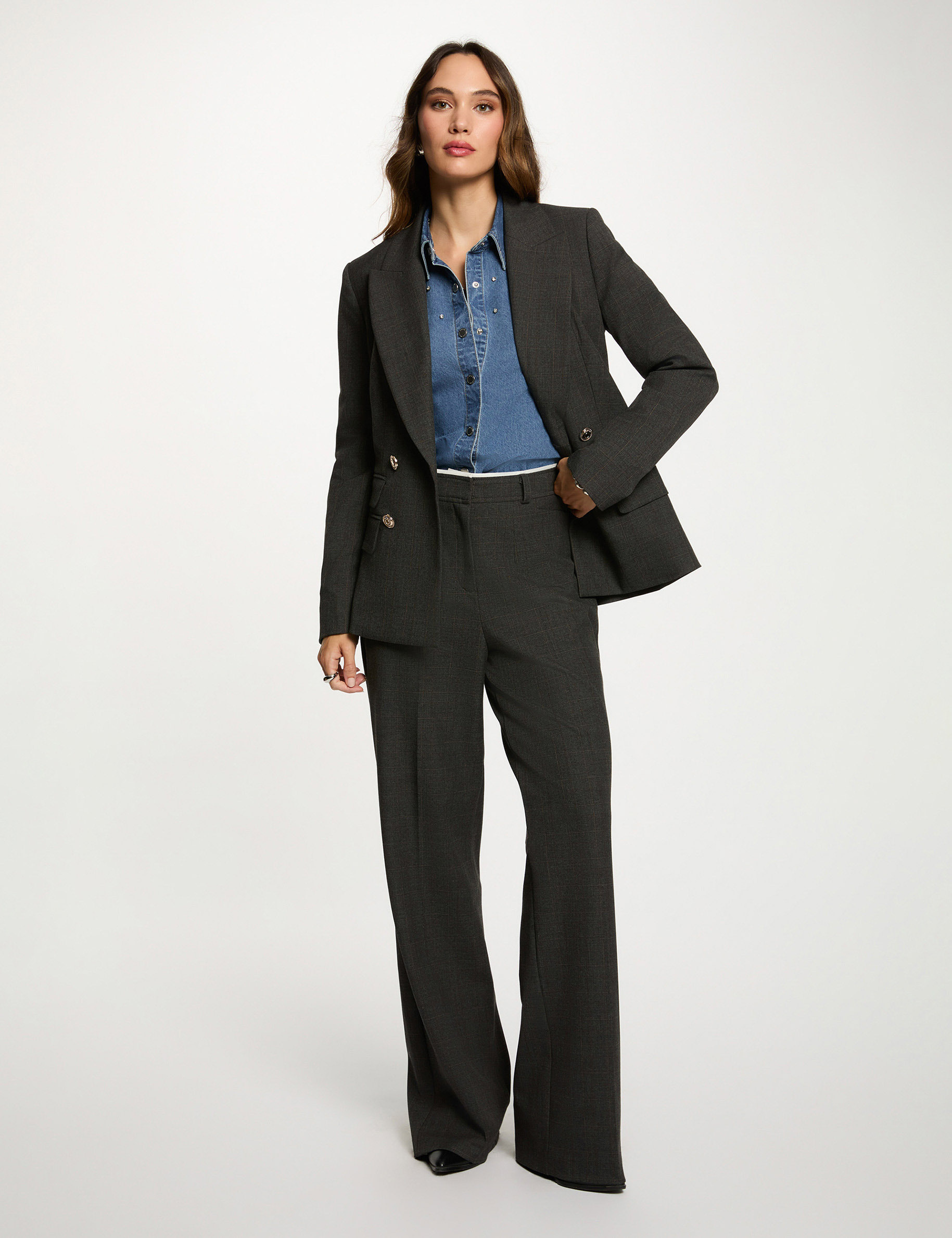 blazer droit a carreaux gris moyen femme Blazer droit à carreaux gris moyen femme