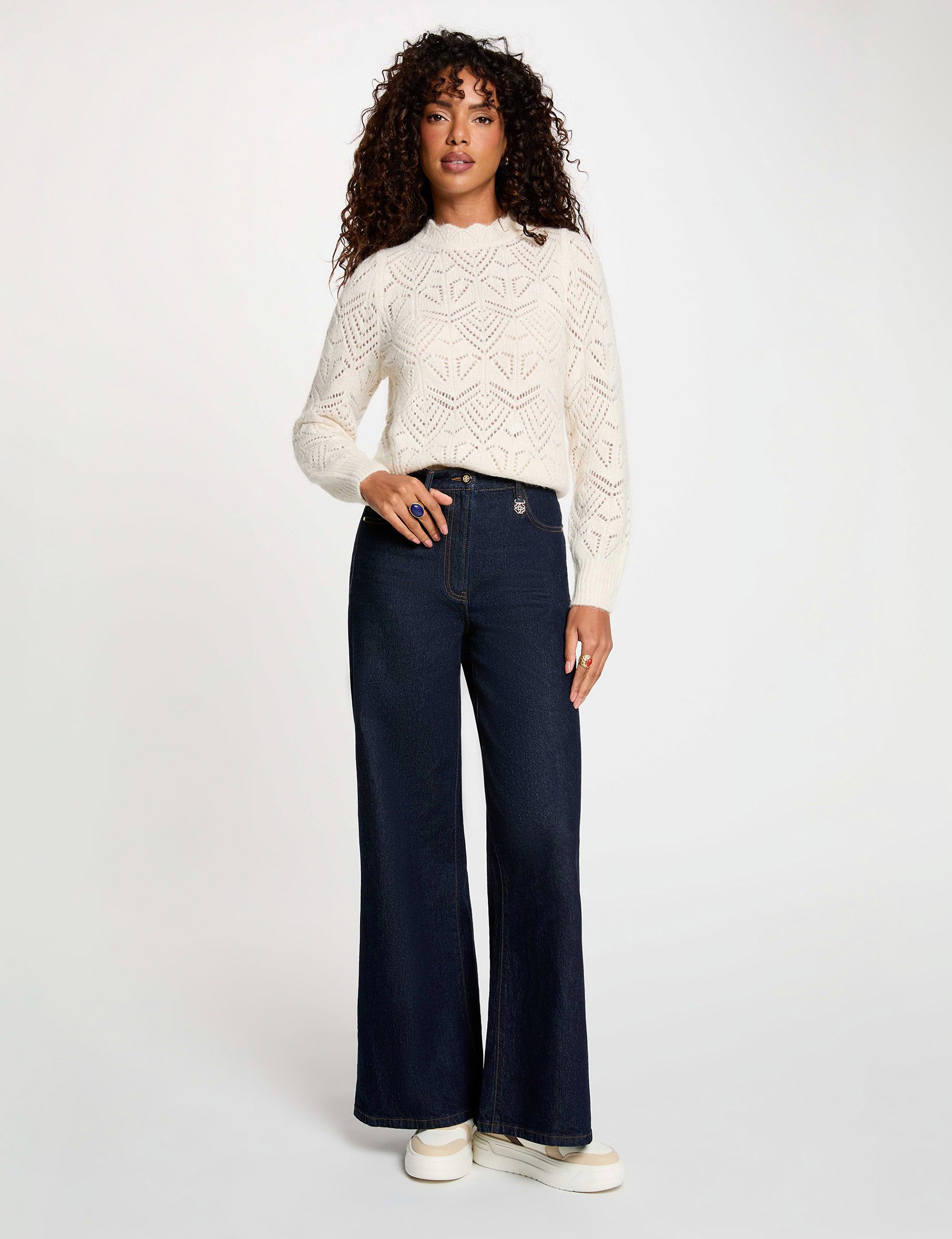 Pull ajour&eacute; col rond ivoire femme