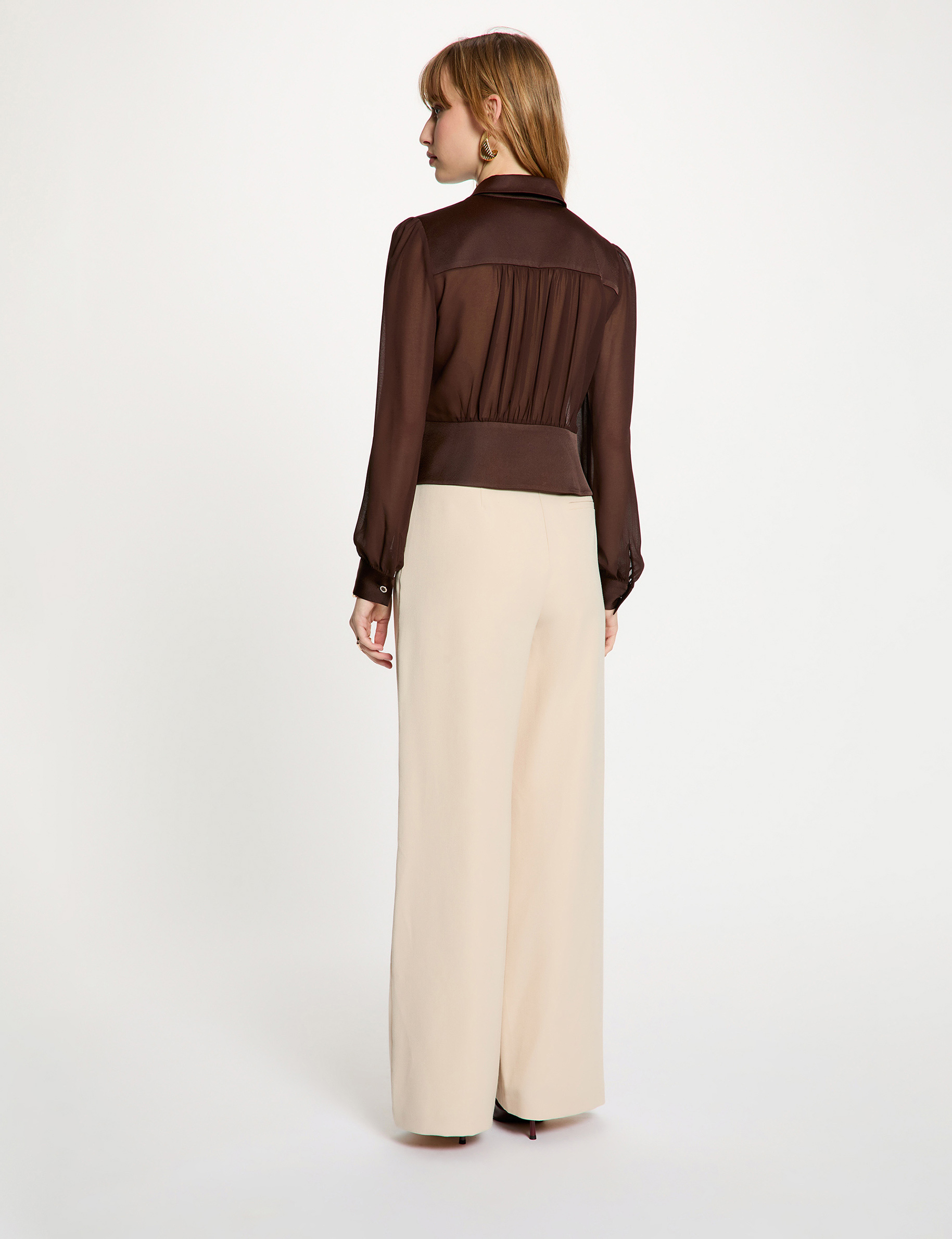 Chemise manches longues avec plis marron fonc&eacute; femme
