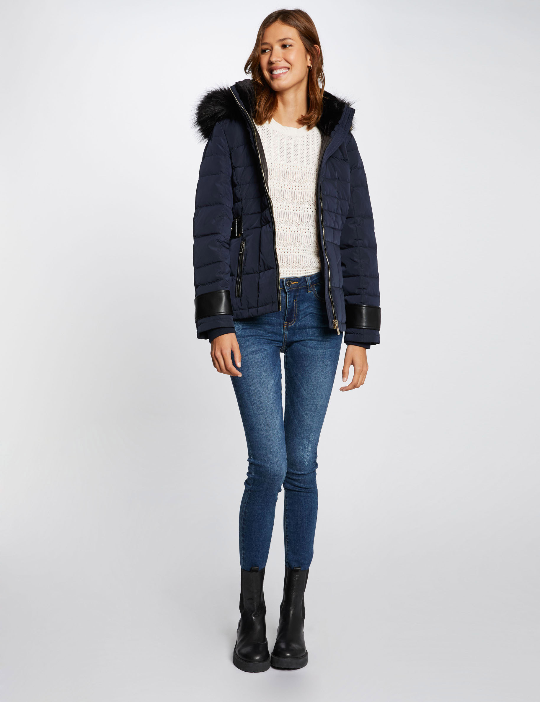 Doudoune droite à capuche bleu marine femme
