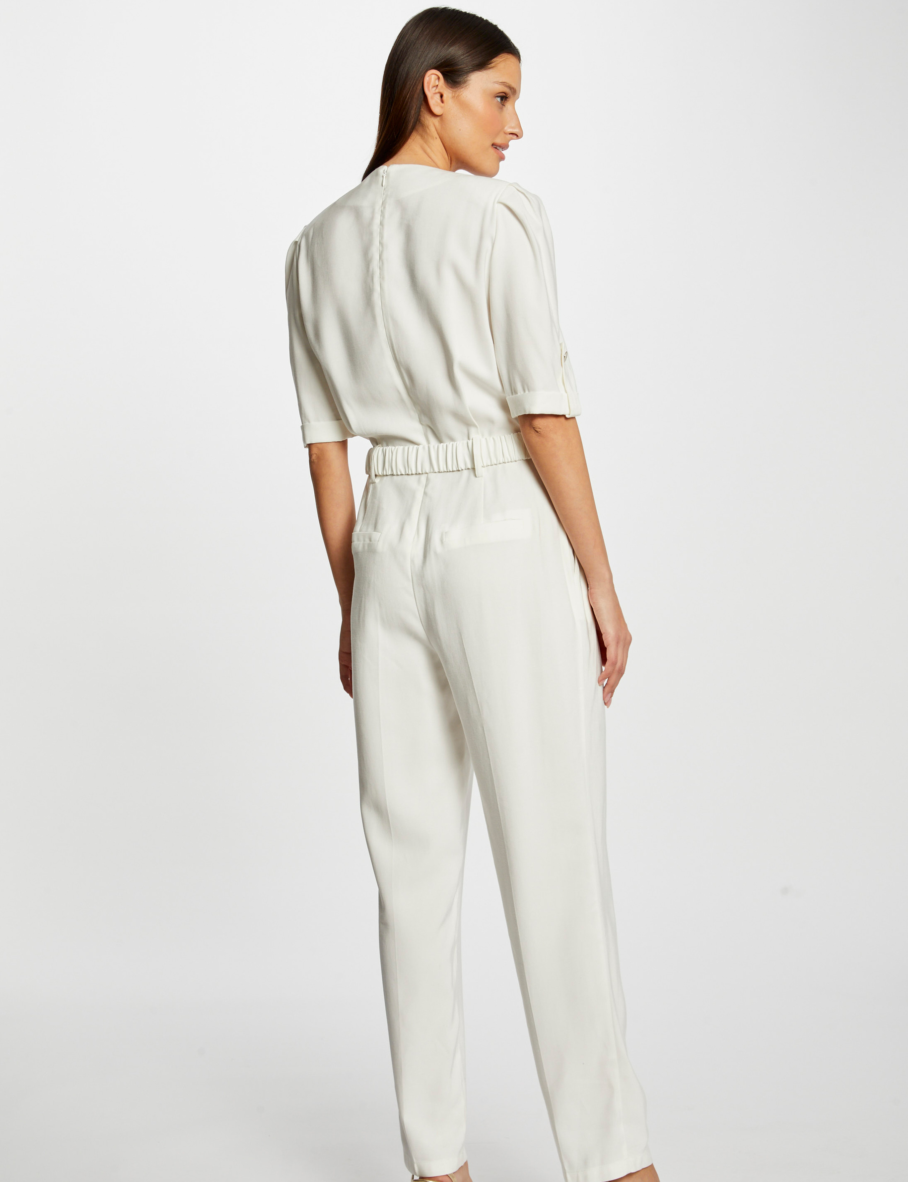 Rechte jumpsuit met riem ecru vrouw