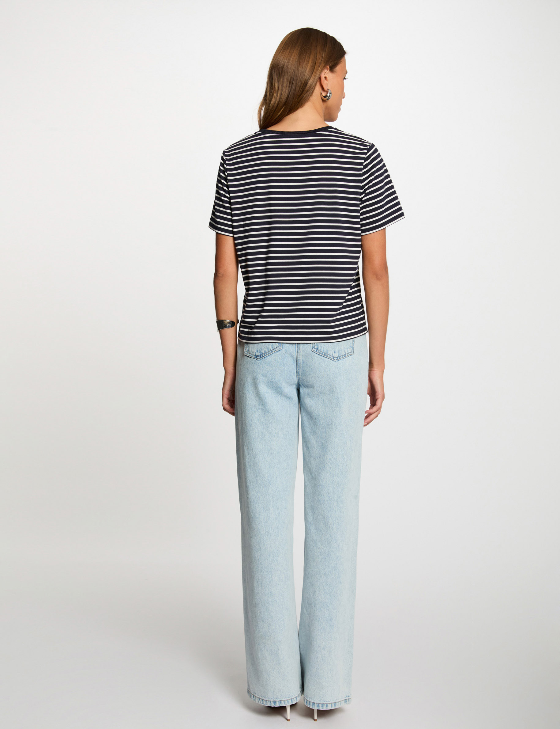 Gestreept T-shirt met korte mouwen marineblauw vrouw
