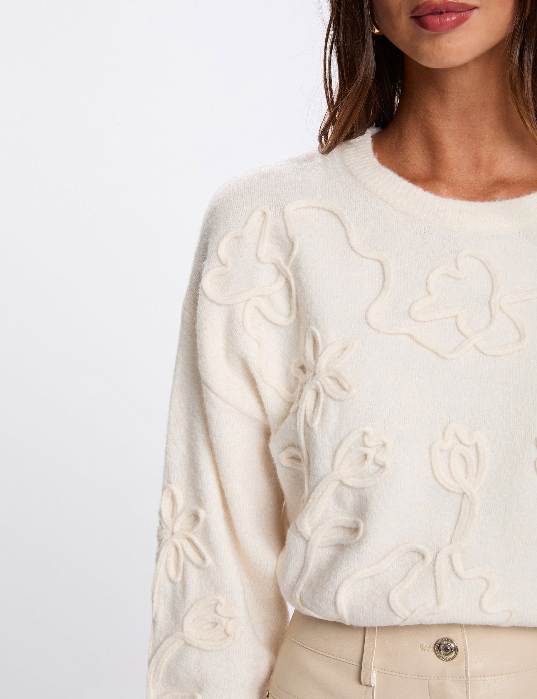 Pull col rond fantaisie ivoire femme