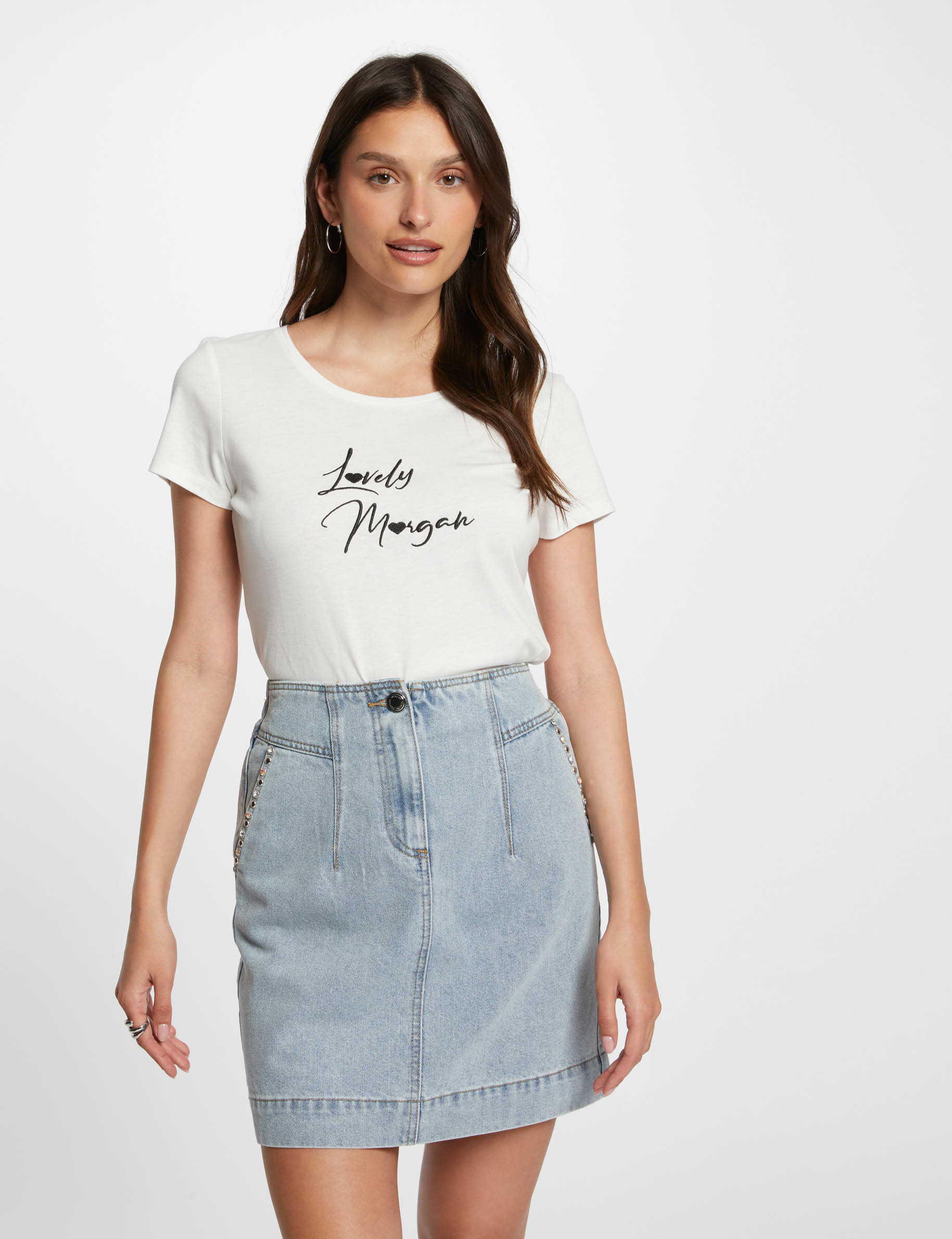 T-shirt à inscription brodée ecru femme