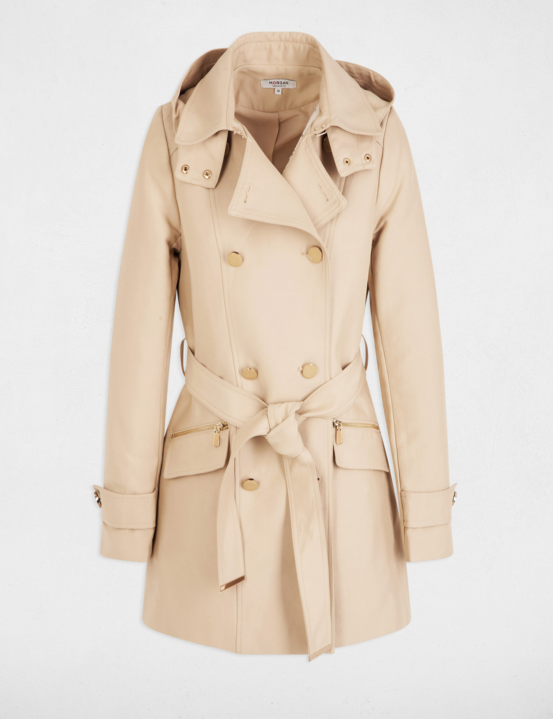 getailleerde trenchcoat met capuchon zand vrouw Getailleerde trenchcoat met capuchon zand vrouw