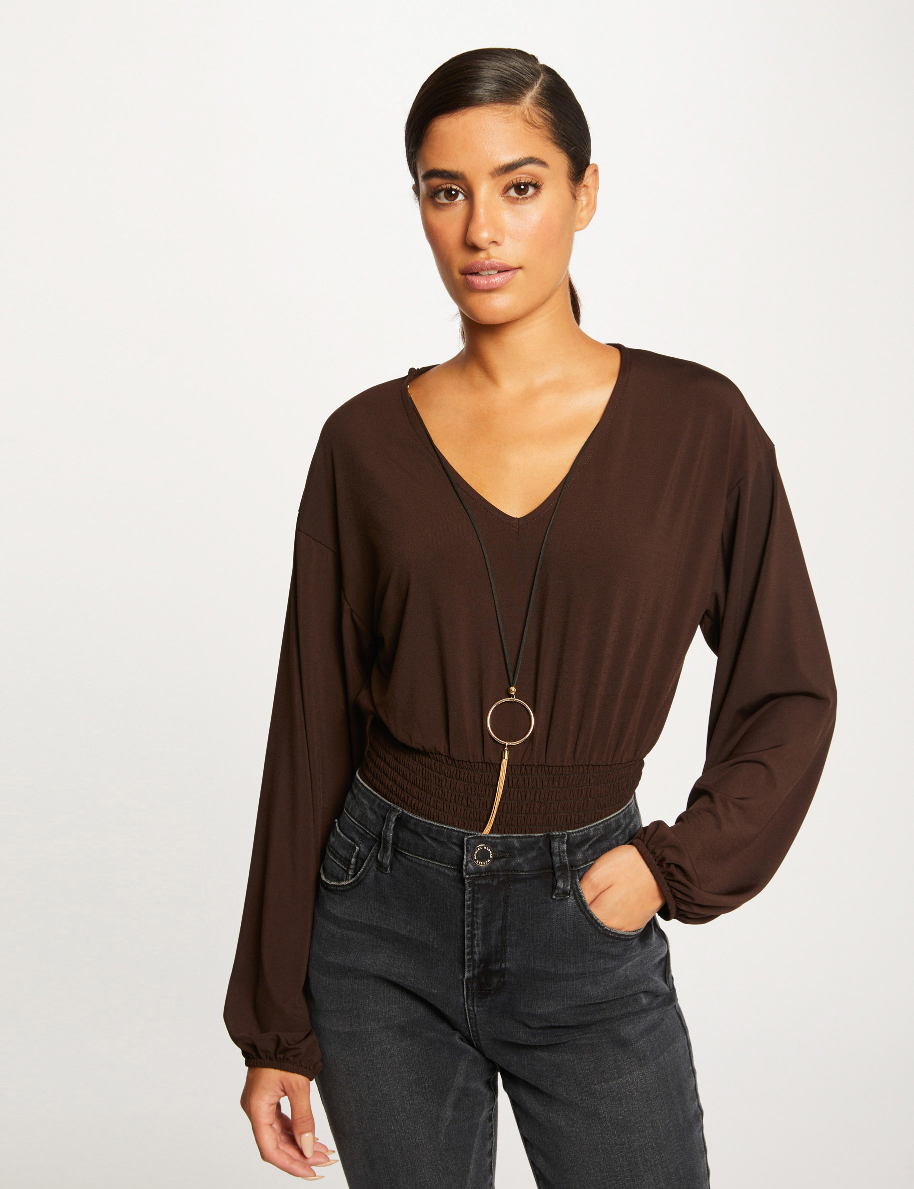 t shirt manches longues a detail bijou marron femme T-shirt manches longues à détail bijou marron femme