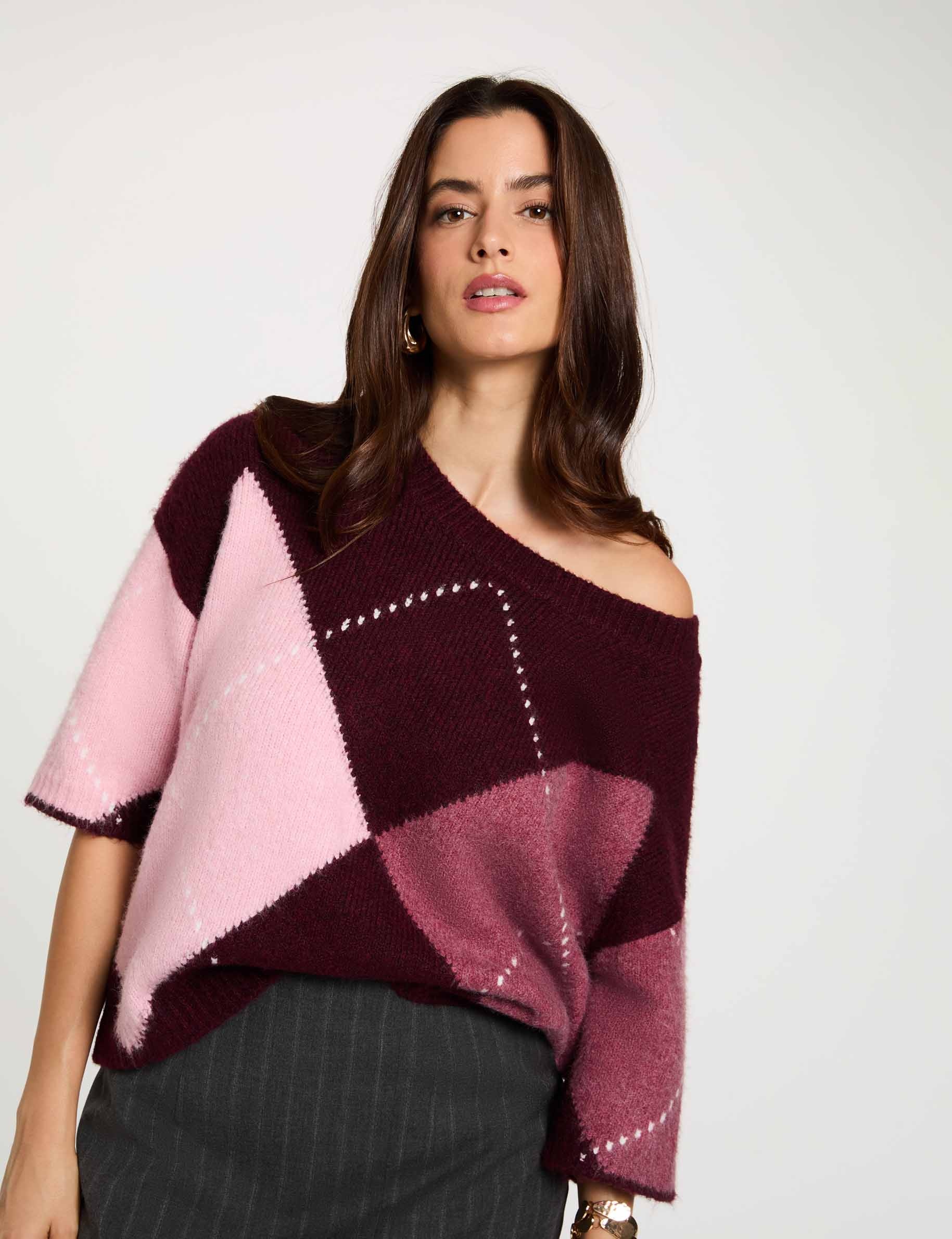 Jacquard trui met ronde hals pruim vrouw