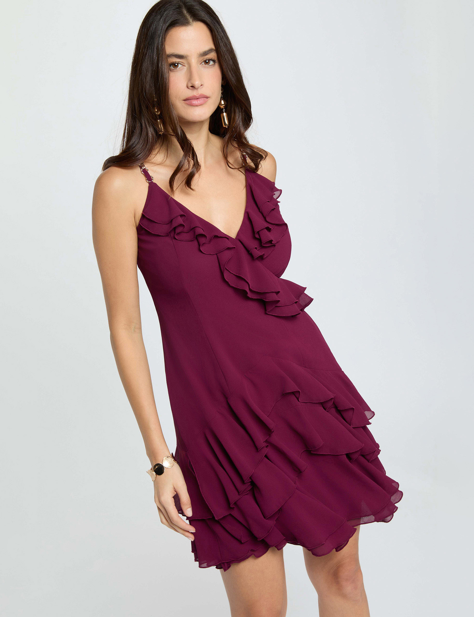 Robe courte col v prune femme