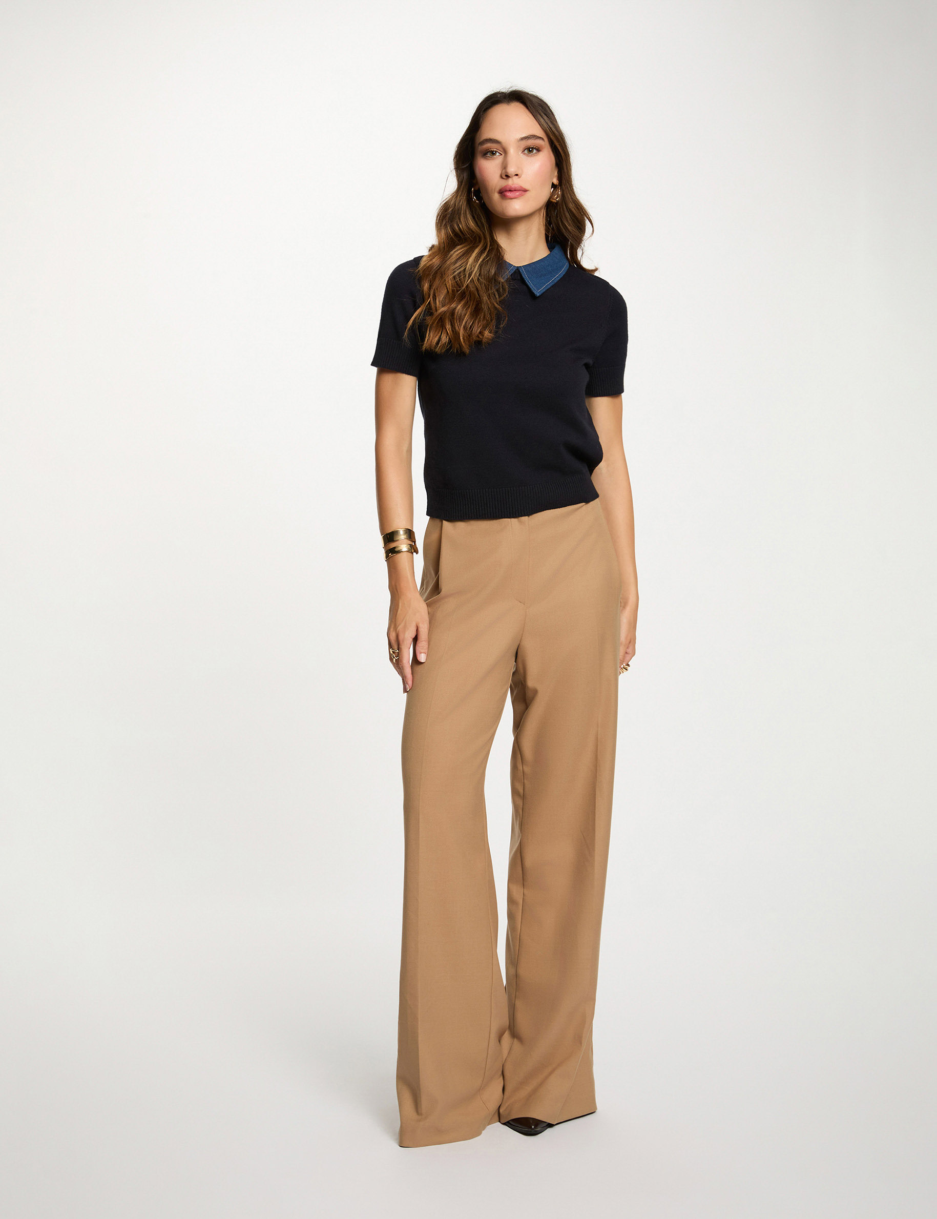 pull court col chemise bleu marine femme Pull court col chemise bleu marine femme