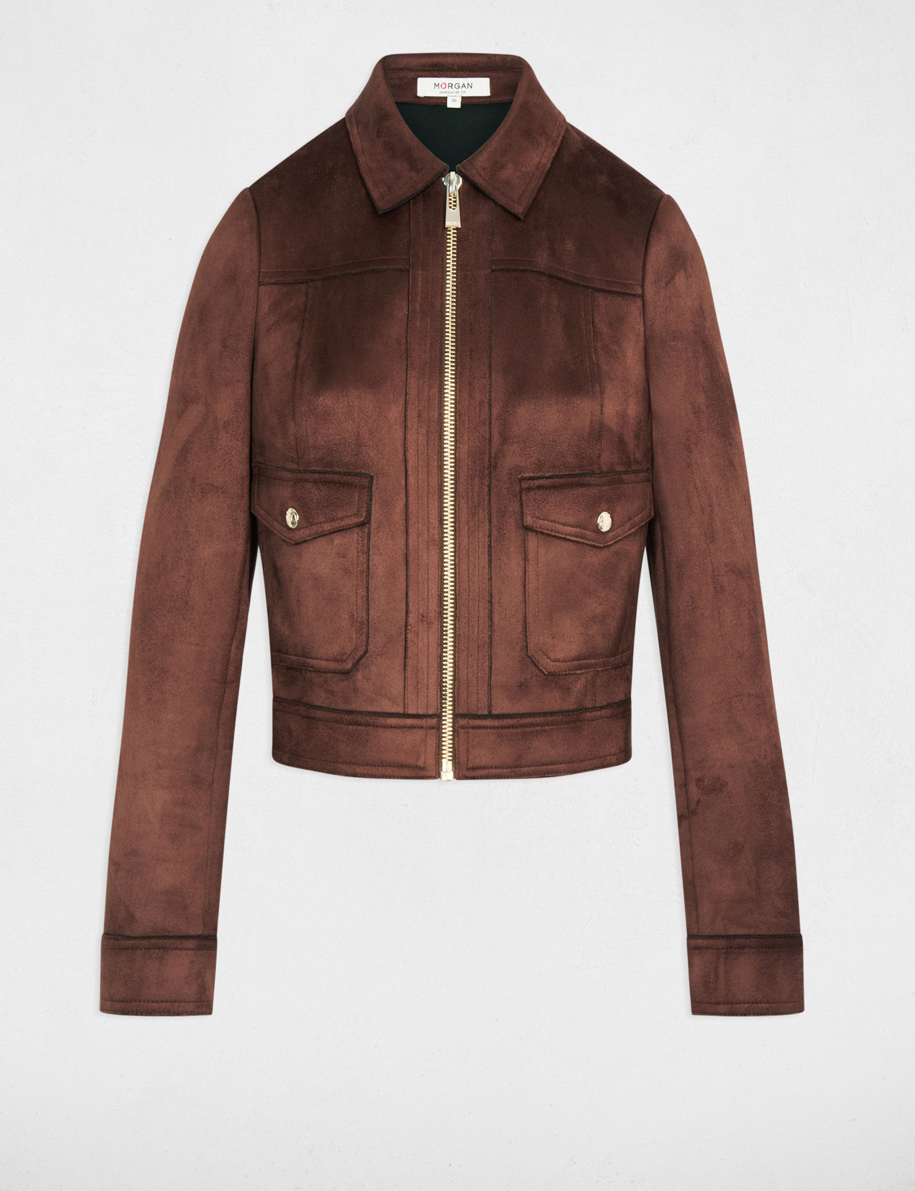 Blouson court su&eacute;dine marron fonc&eacute; femme