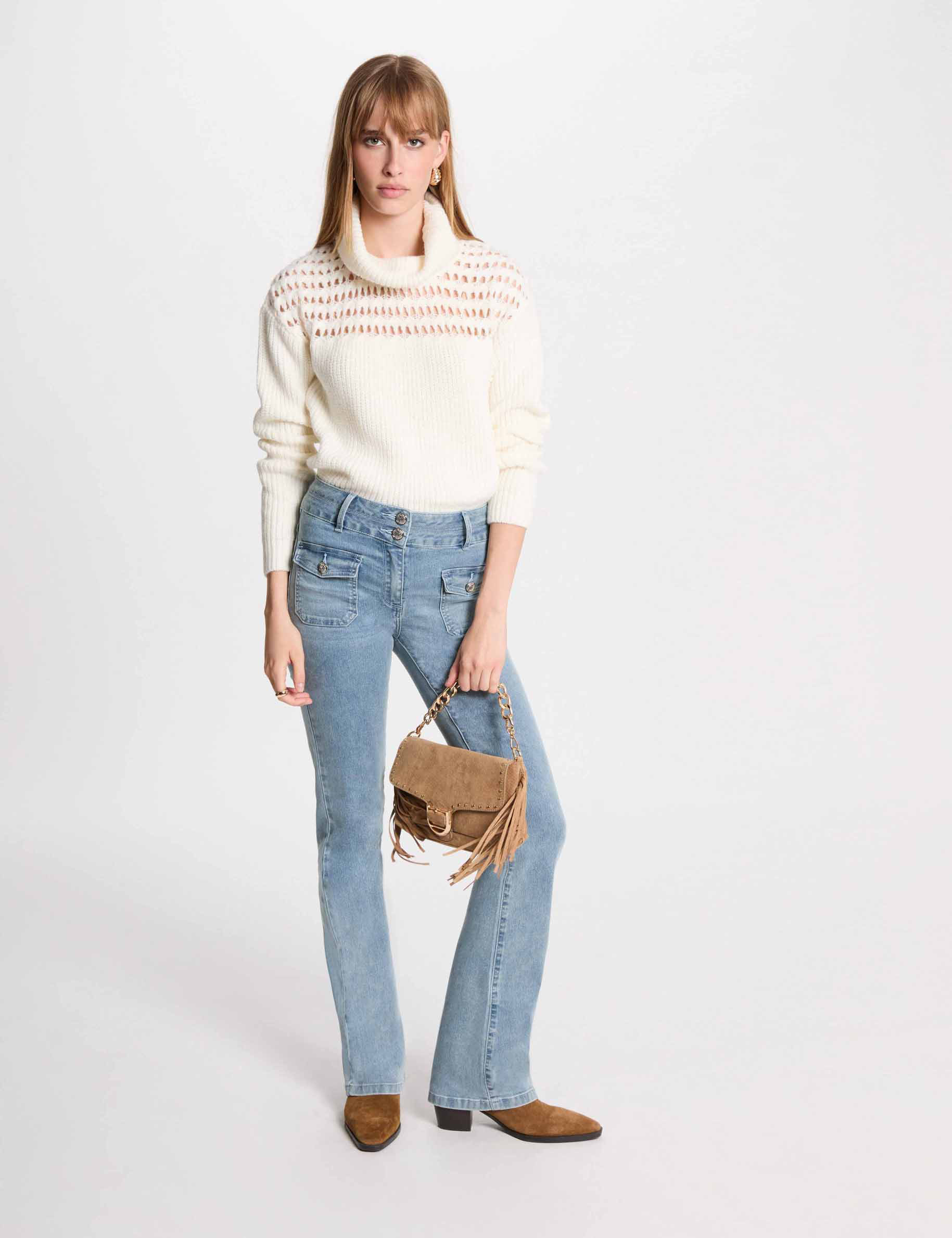 Pull col roulé manches longues ecru femme