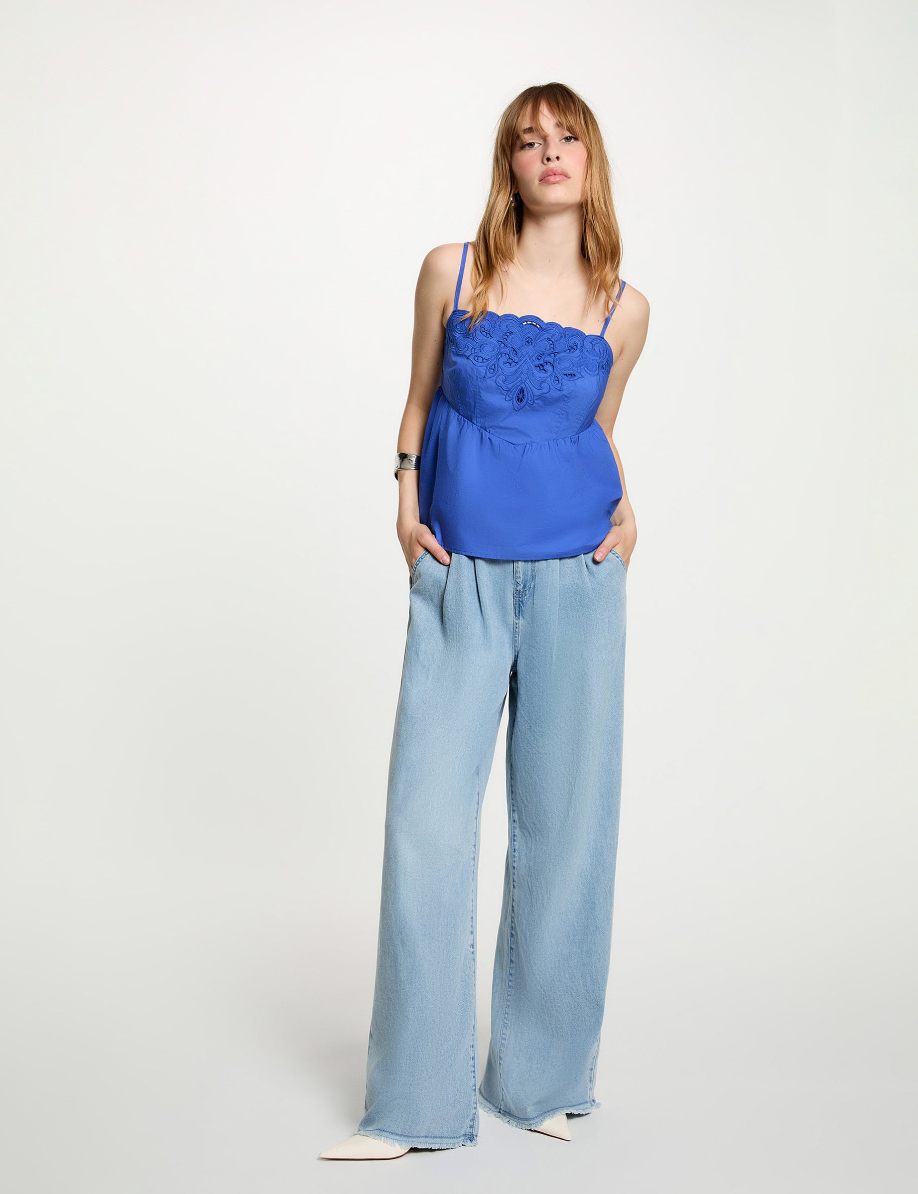 Jean large taille haute denim bleach femme
