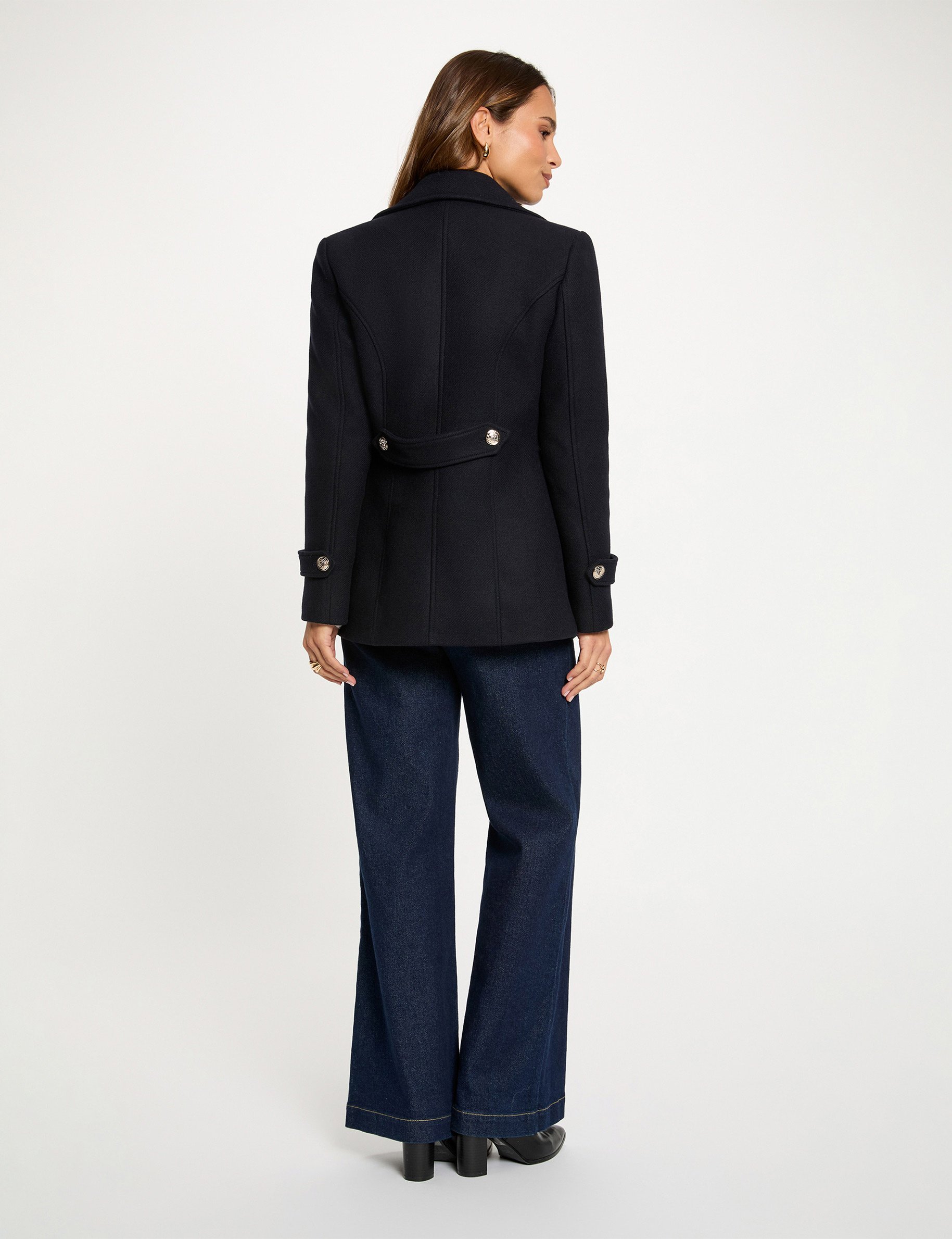 Manteau droit col tailleur bleu marine femme