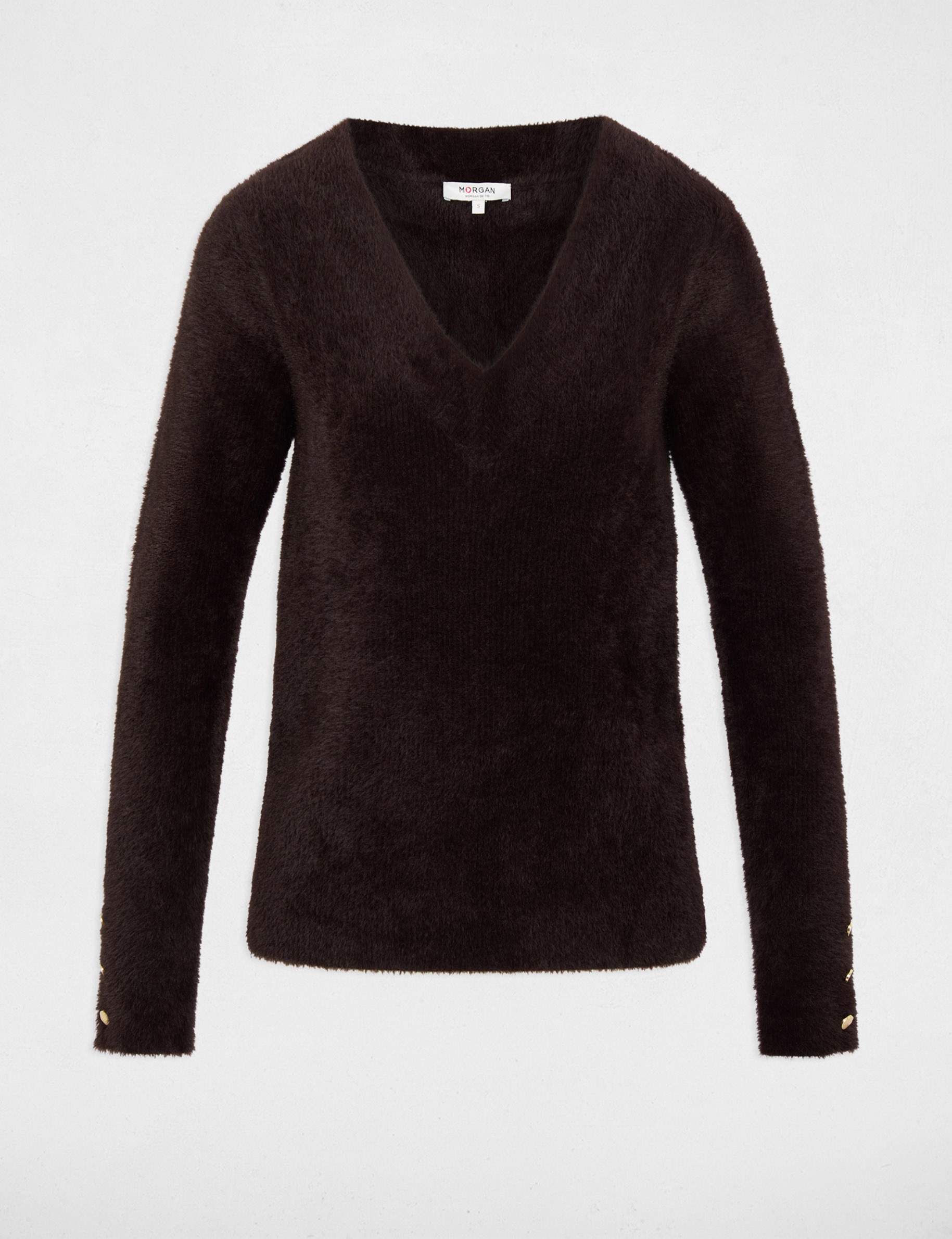 Pull col v manches longues marron fonc&eacute; femme