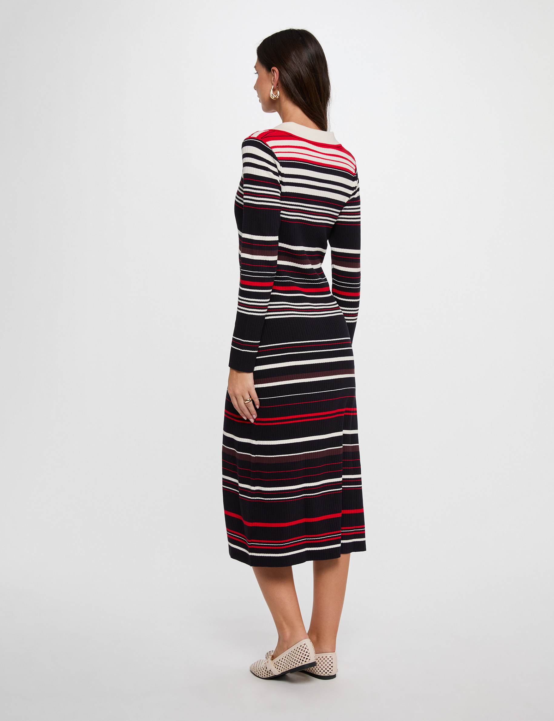 Robe tricot ray&eacute;e manches longues bleu marine femme