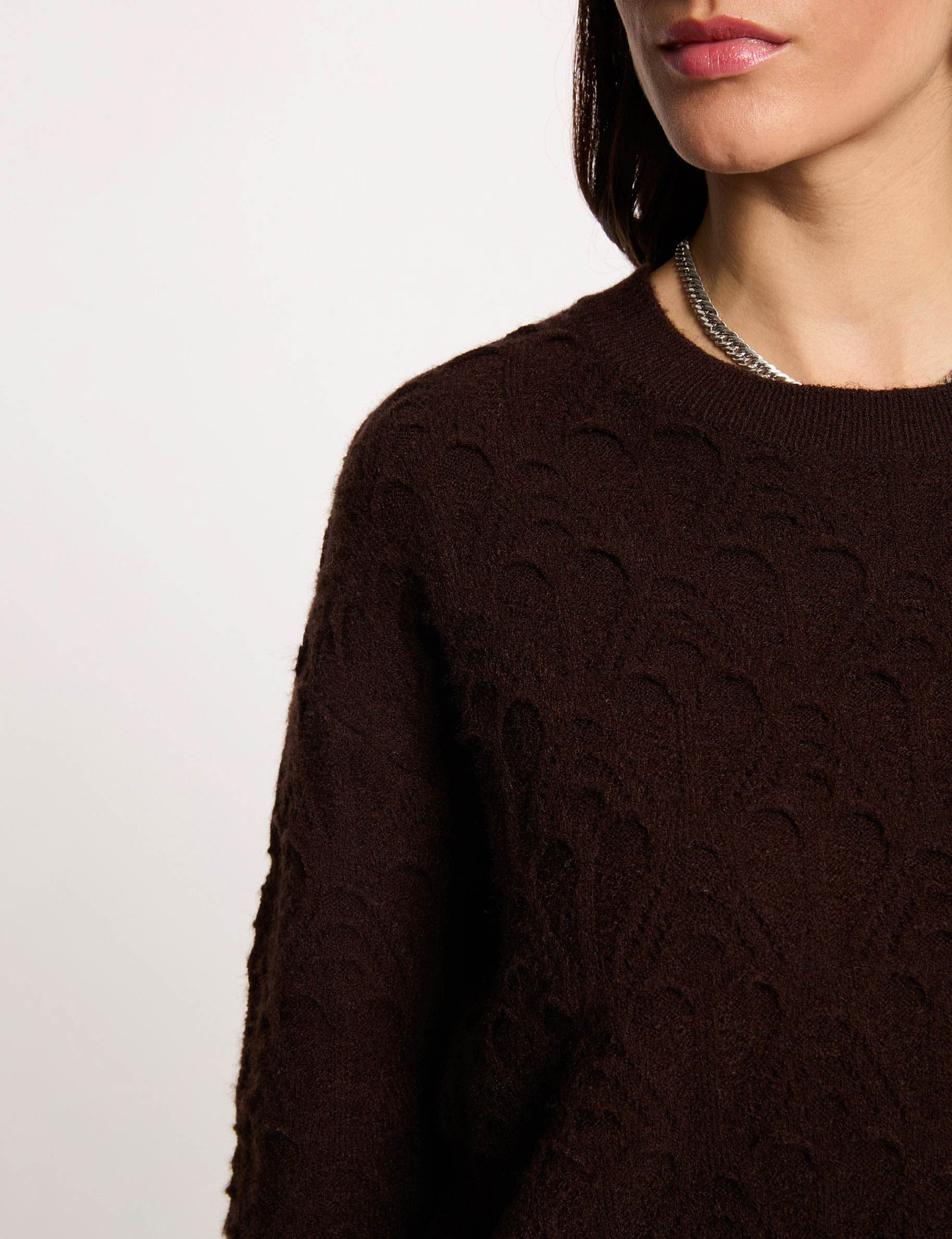 Pull col rond fantaisie marron fonc&eacute; femme
