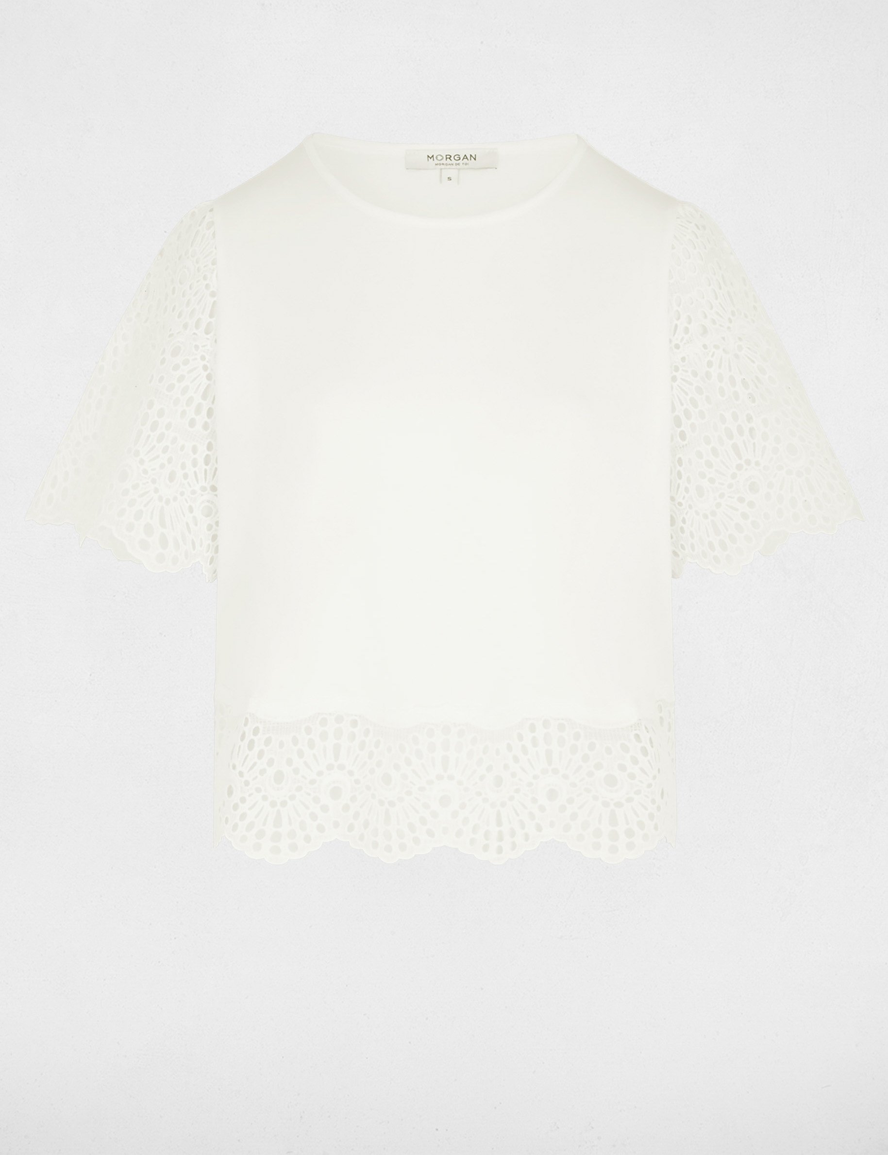 T-shirt dentelle col rond blanc femme