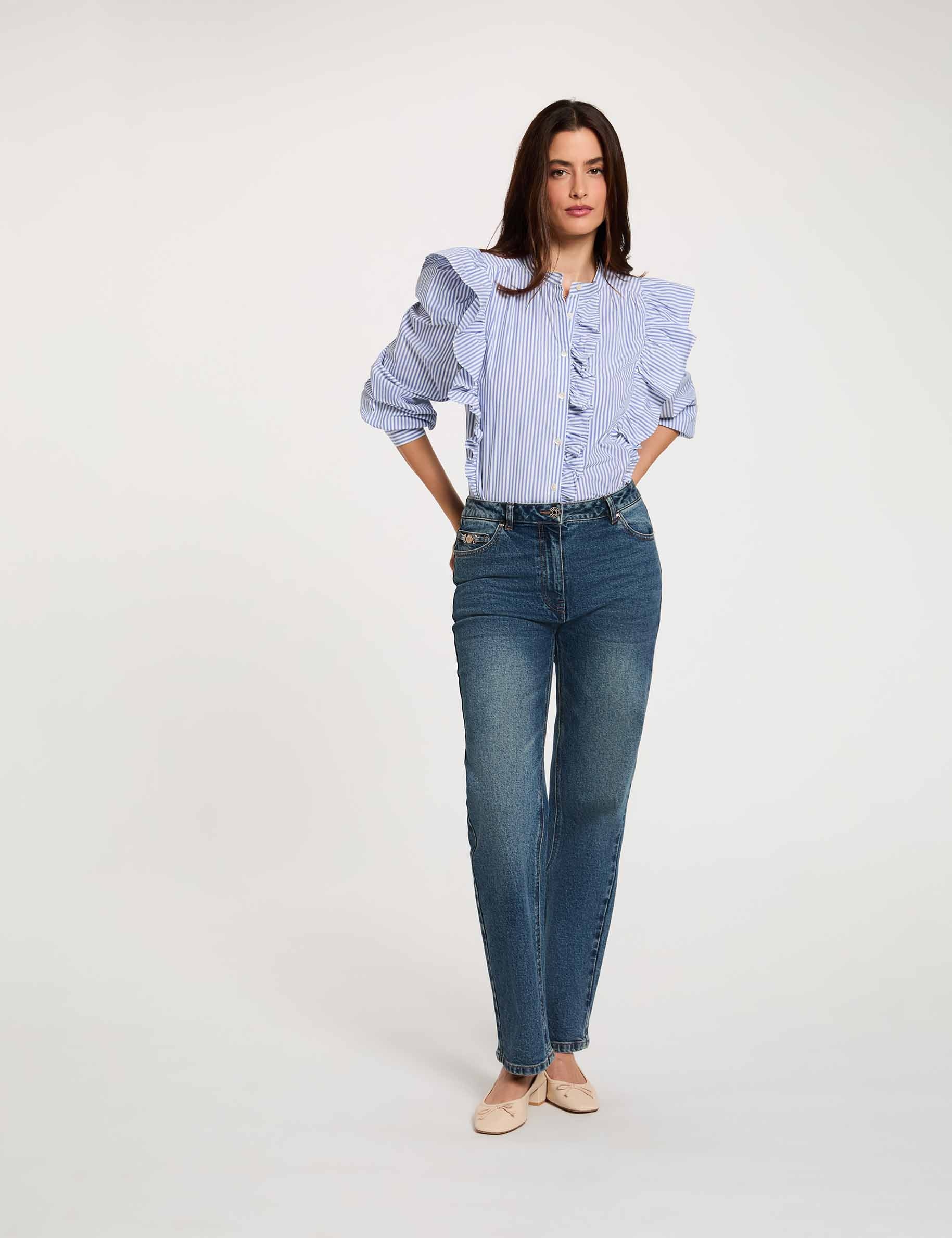Chemise ray&eacute;e col mao bleu ciel femme