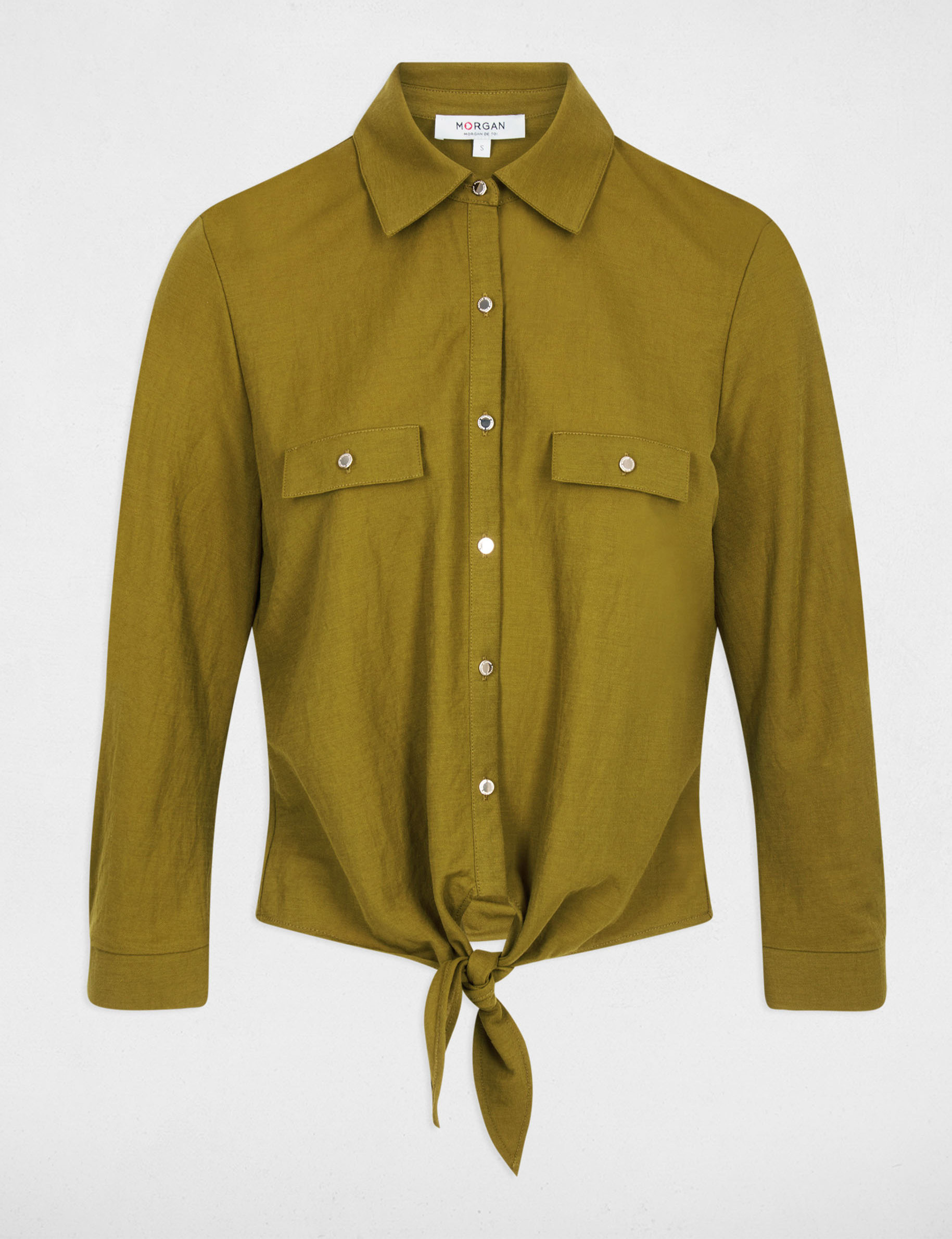 Geknoopte blouse met reverskraag olijfgroen vrouw
