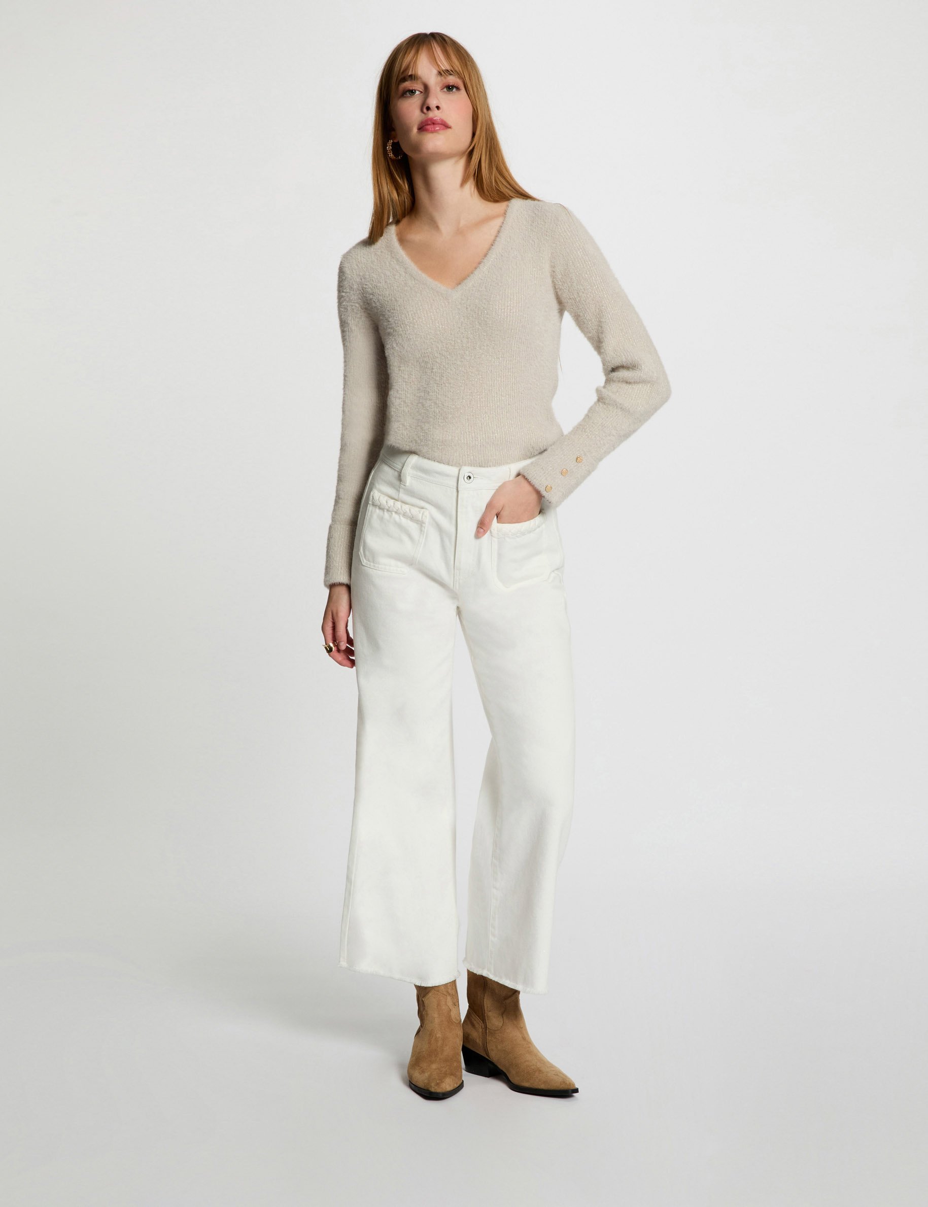 Pull manches longues avec col en V sable femme
