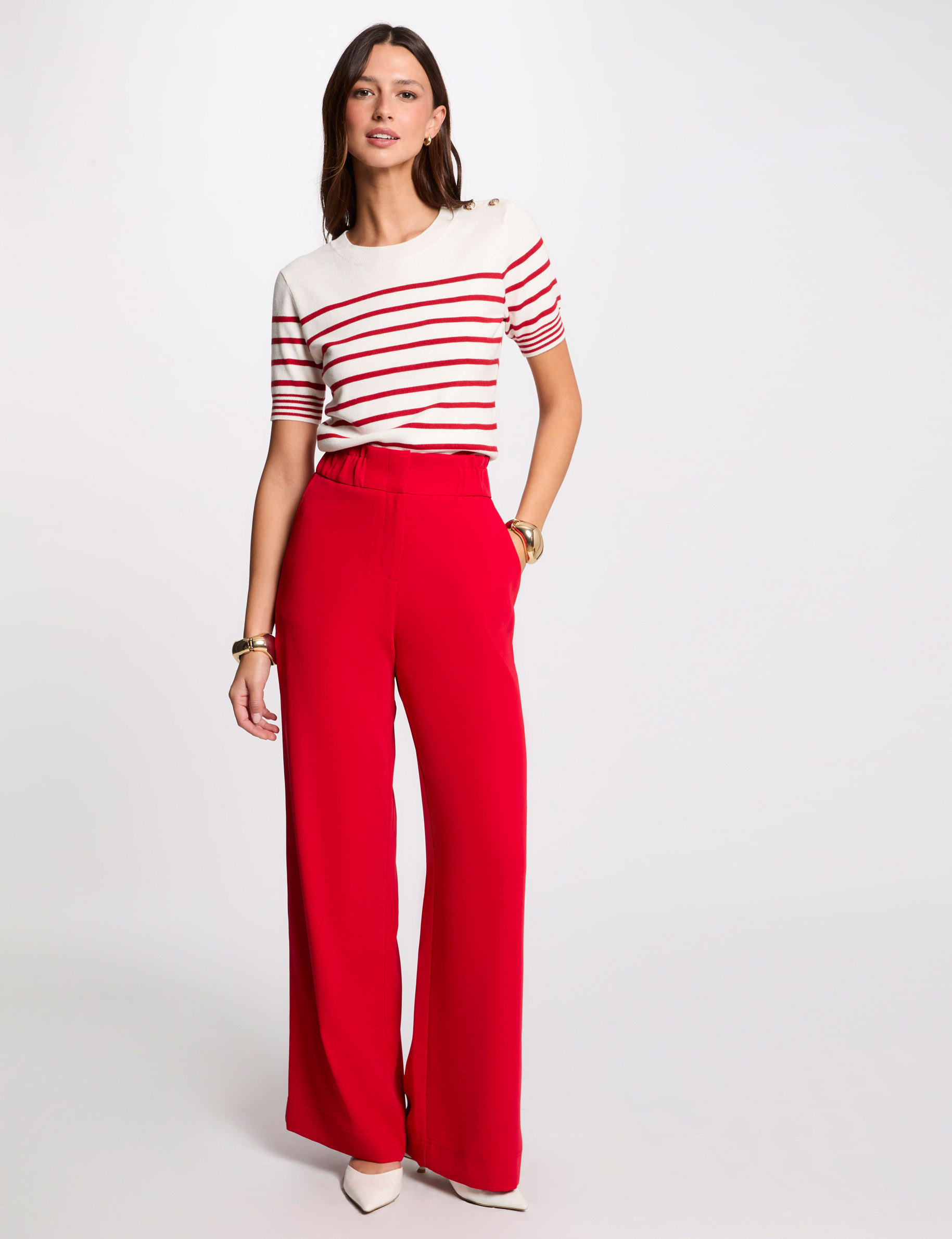 Pantalon large taille haute rouge femme