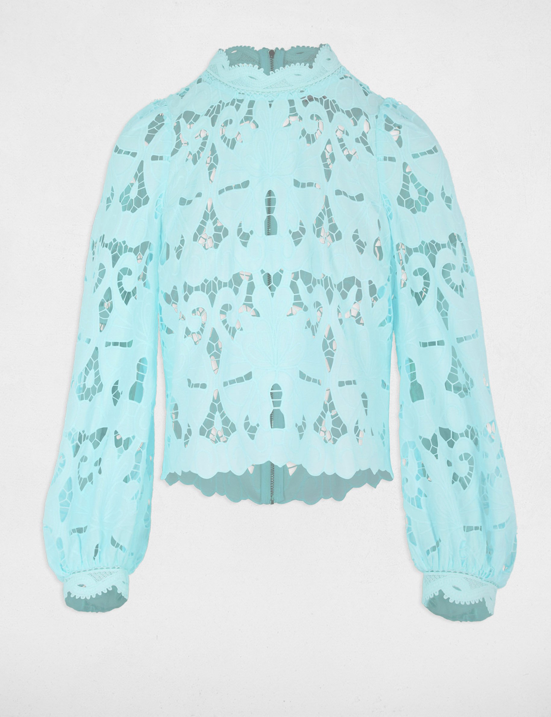 Blouse met borduursel en hoge kraag hemelsblauw vrouw