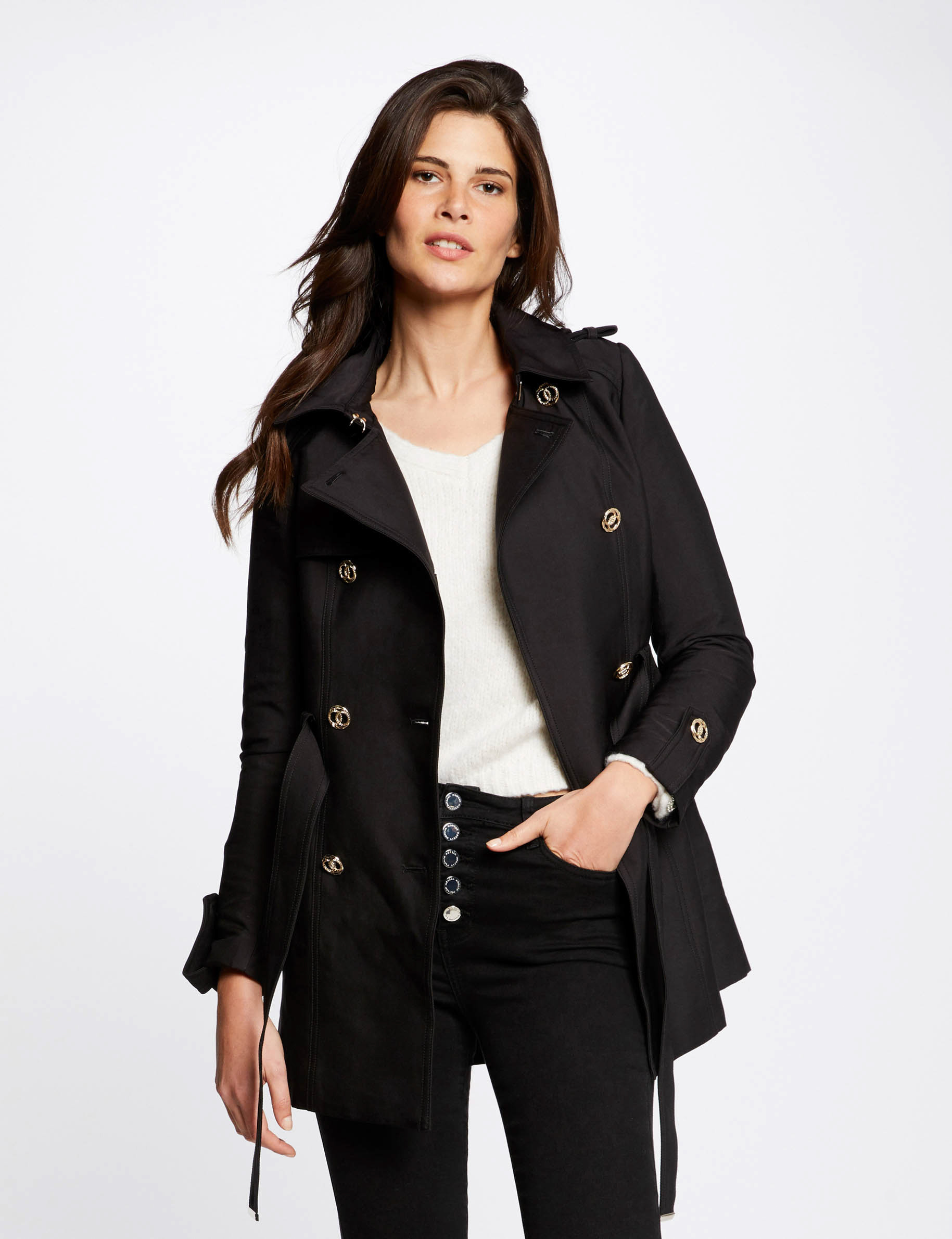 Trench droit ceinturé à capuche noir femme