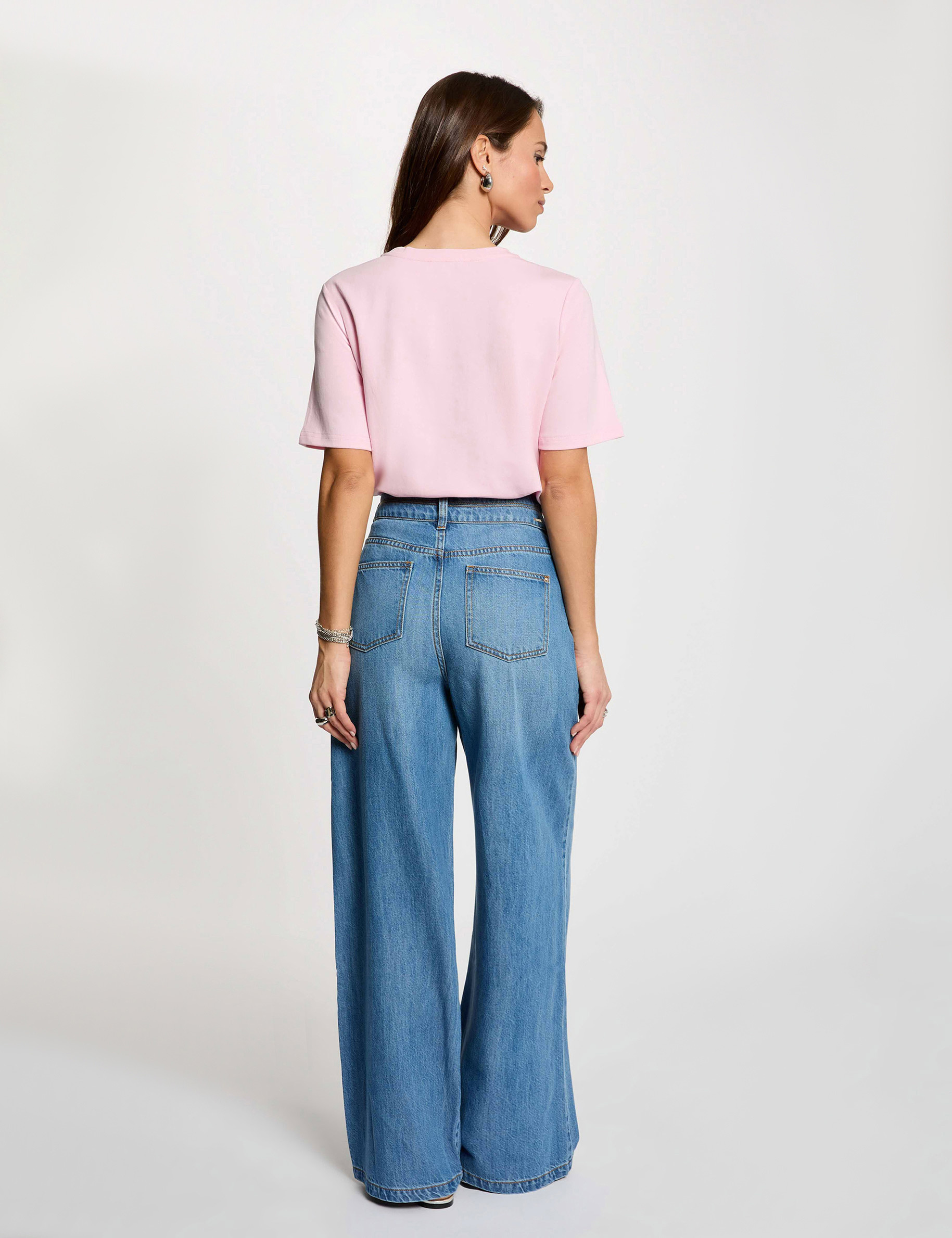 Pantalon large taille haute denim stone femme