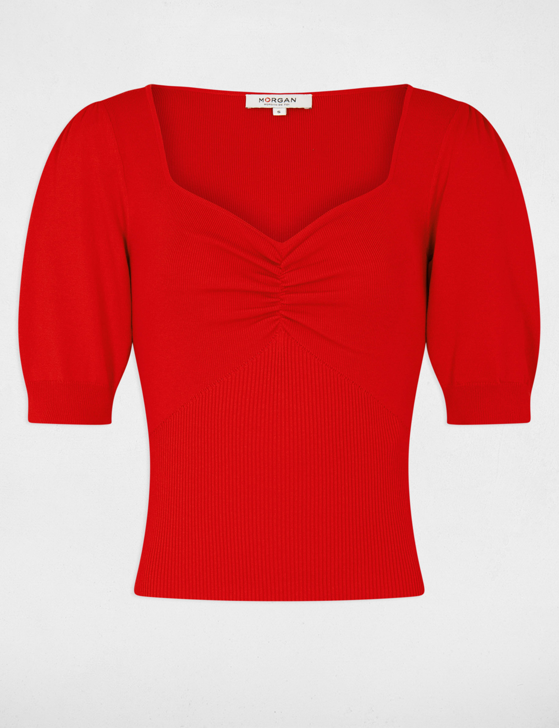 Pull manches courtes encolure coeur rouge femme