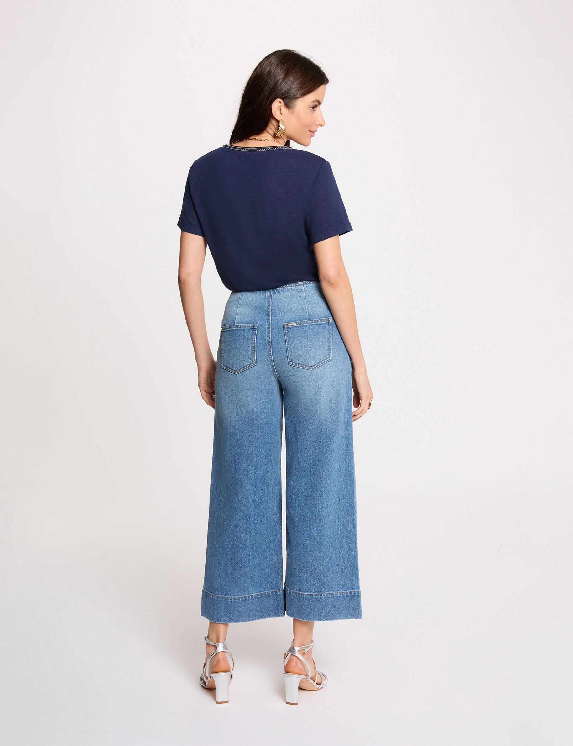 T-shirt met parels en V-hals marineblauw vrouw