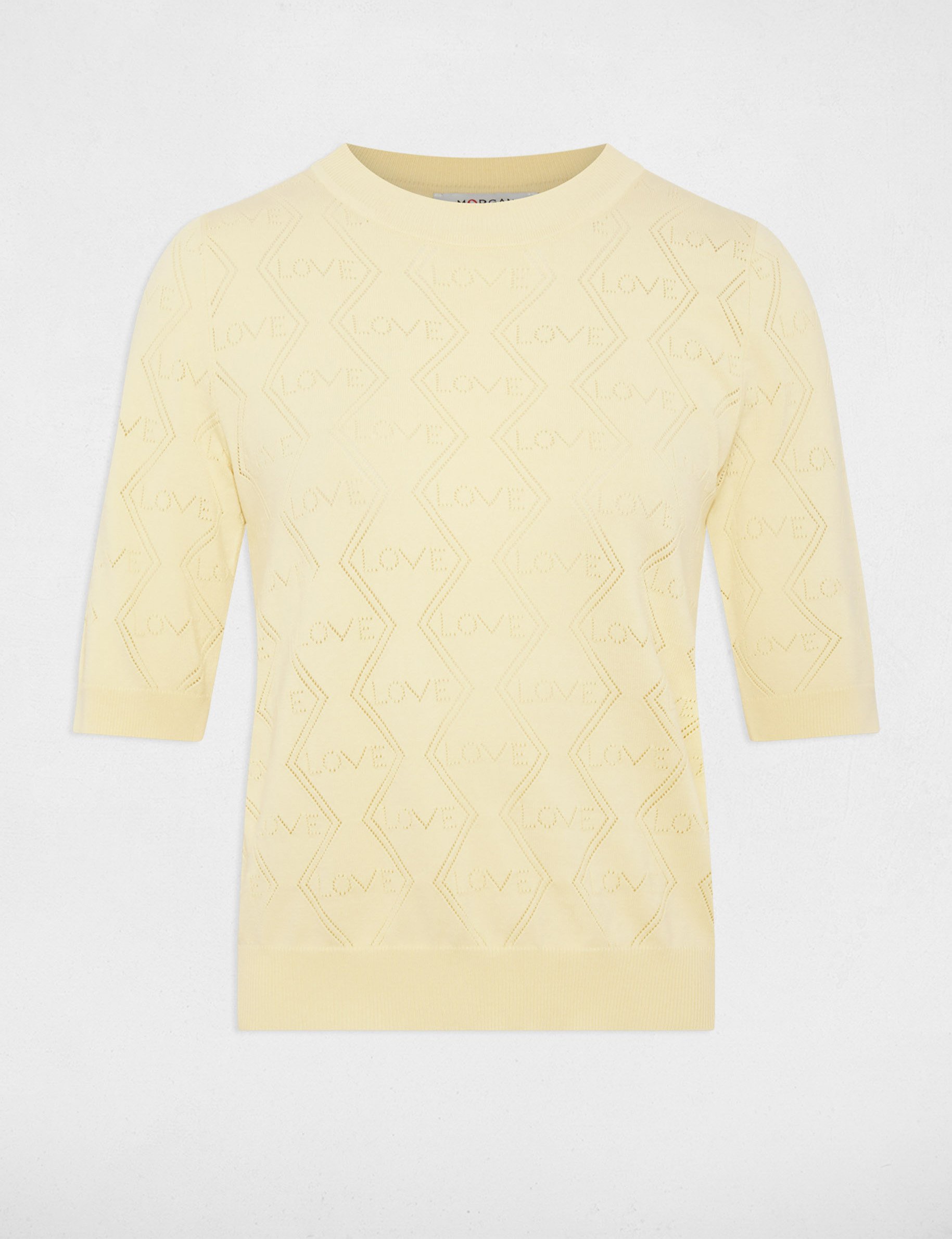 Pull ajour&eacute; manches 3/4 jaune pastel femme