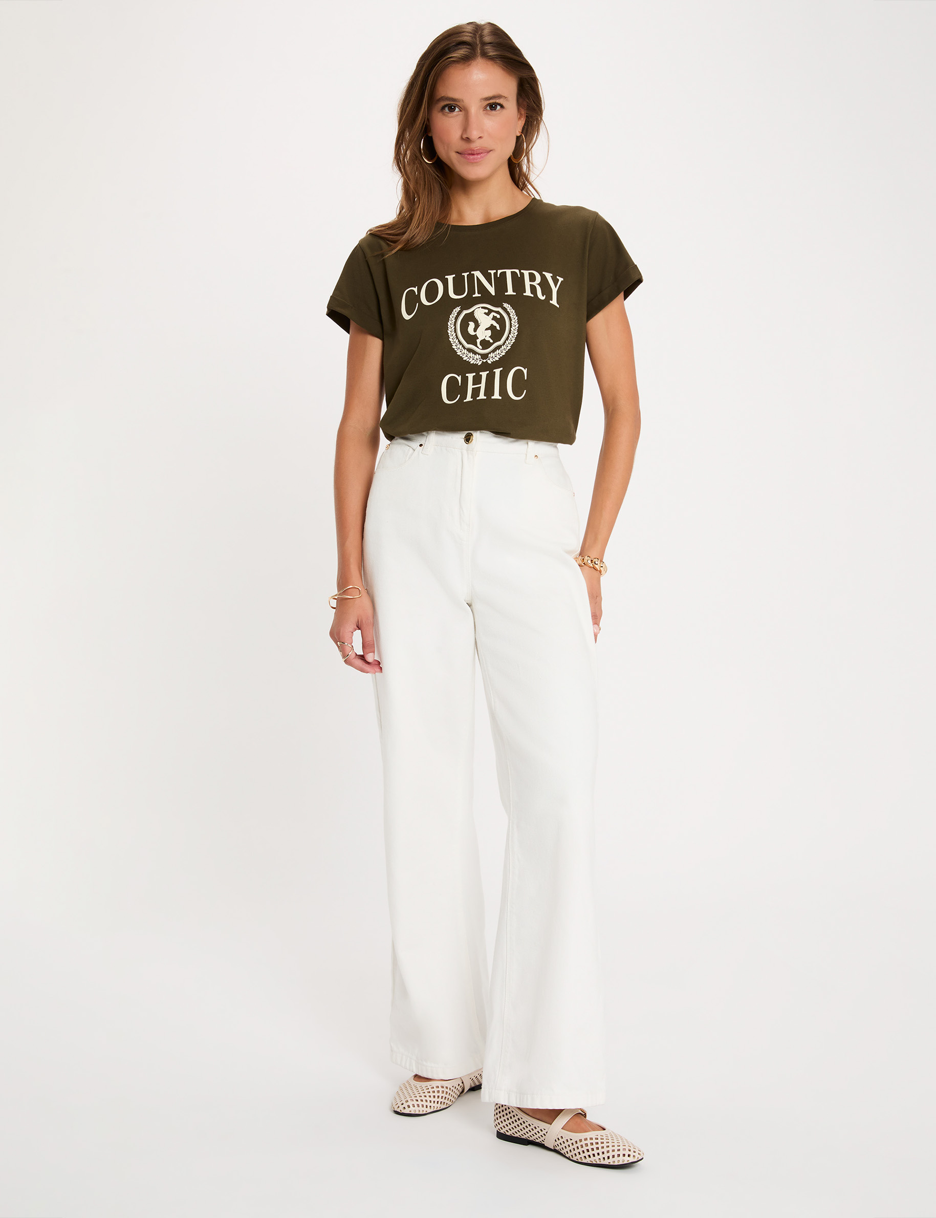T-shirt col rond manches courtes vert kaki femme